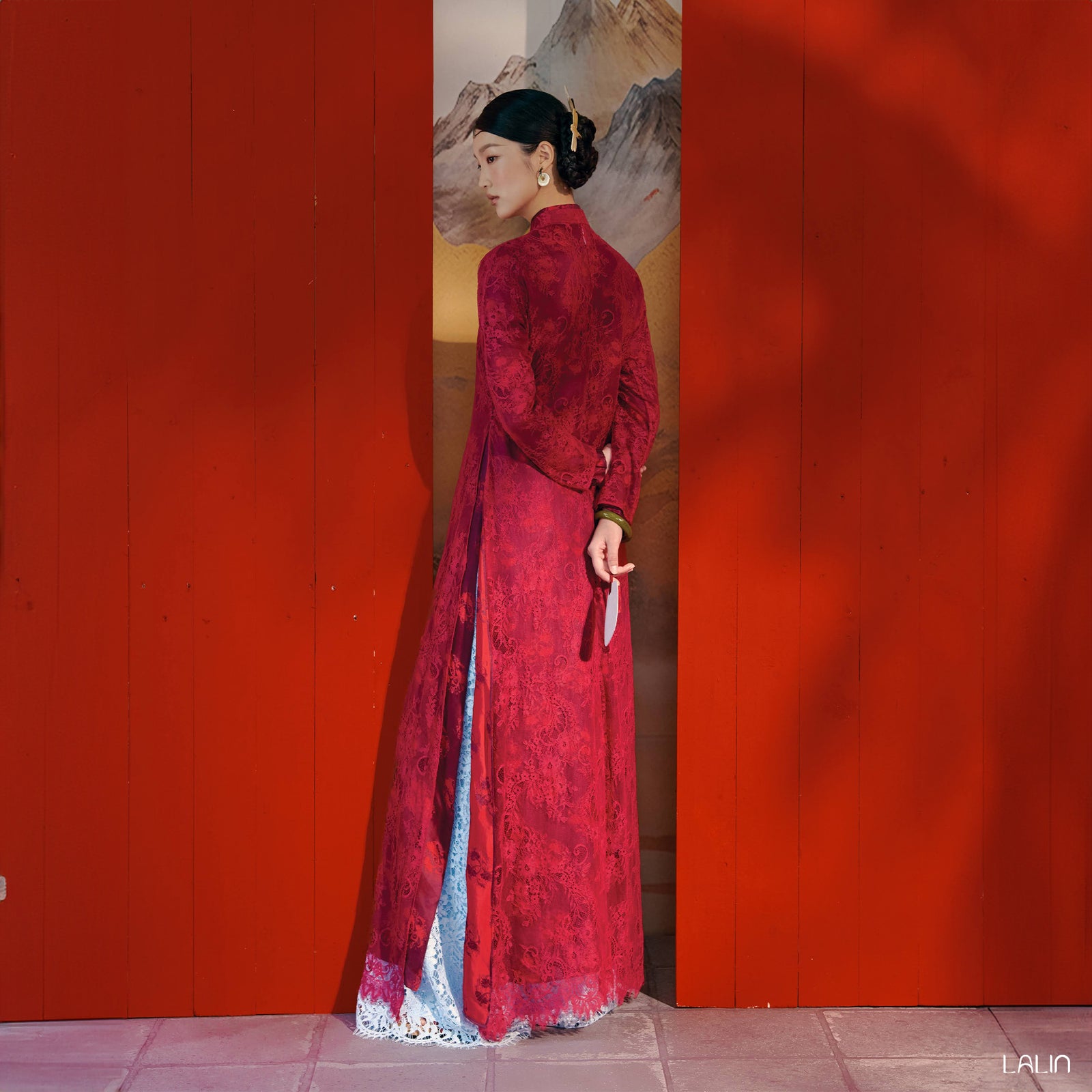 Vietnamese Ao Dai - Nha Khue Ao Dai Set – Doubled Layers in Lace and Wormsilk - back view in red by Lalin