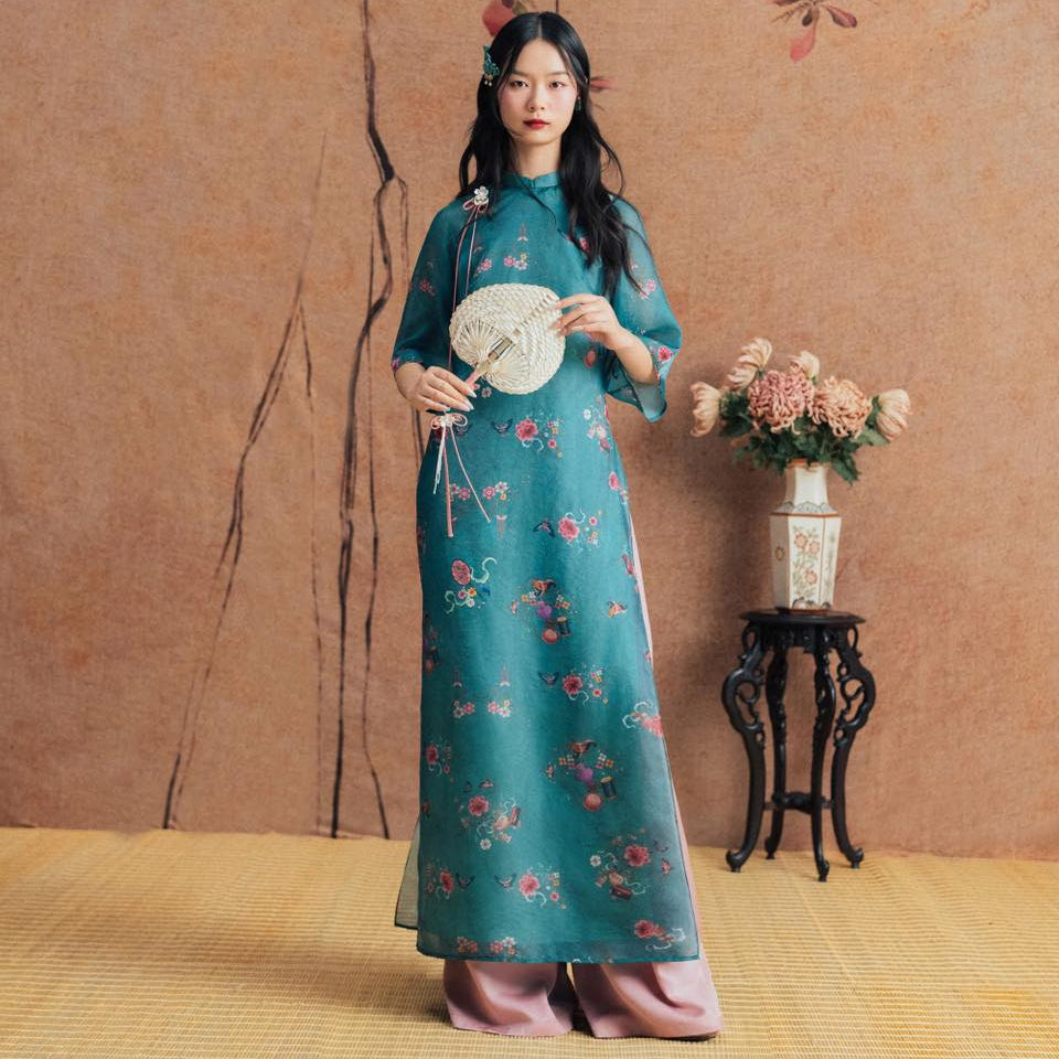 "Thanh Dao" Ao-Dai Top - Printed Chiffon in Emerald - lifestyle shot | Vietnamese Luxury Fashion