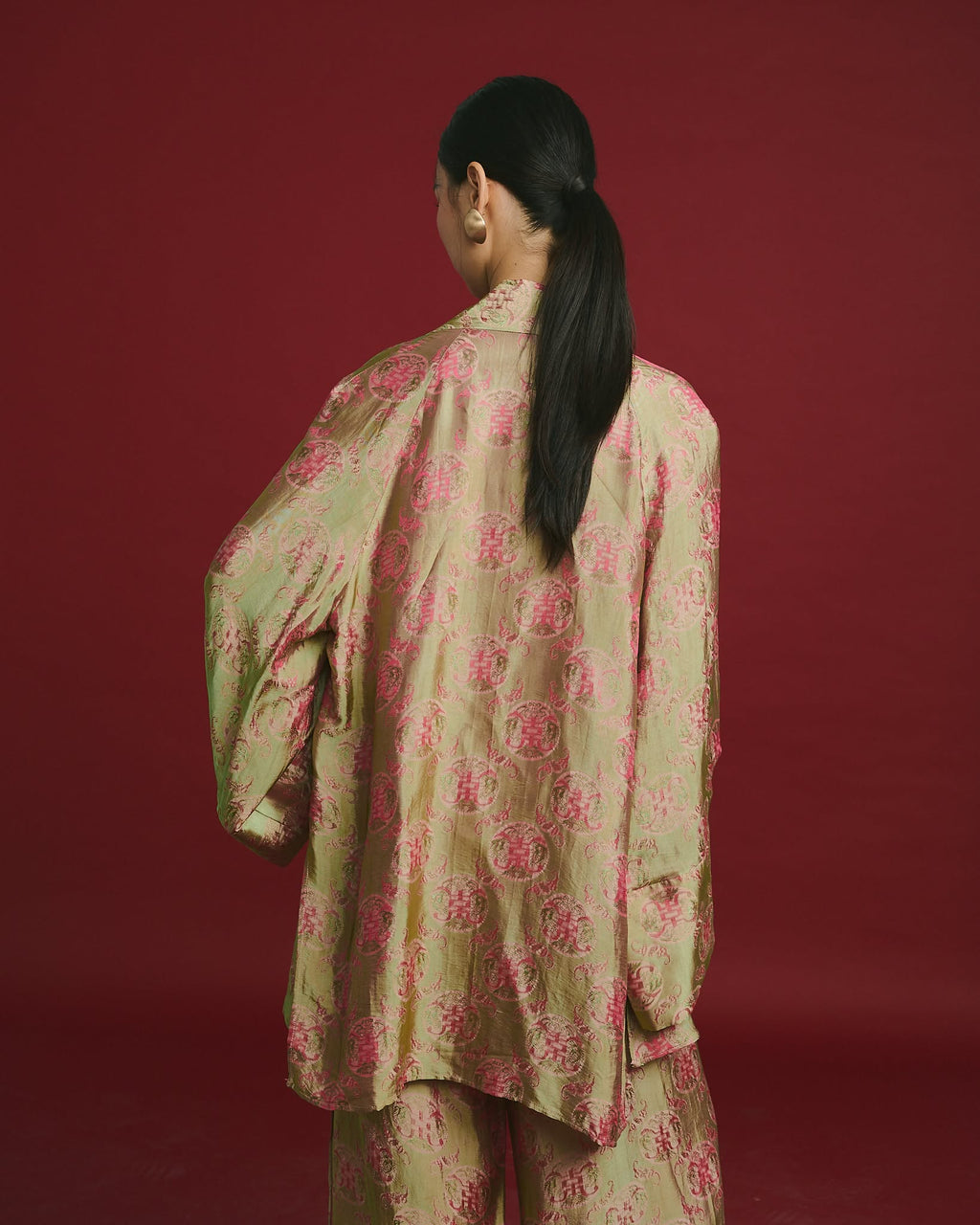 “Silken Poise” Cardigan – Worm Silk Heritage in Antique Moss - back view by Hy Phuong
