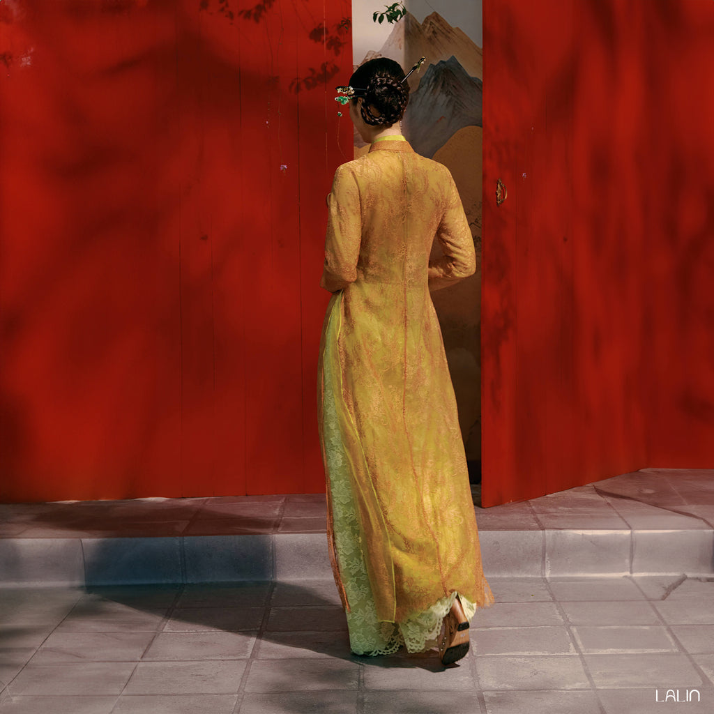 Vietnamese Ao Dai - Khue Anh Ao Dai Set – Doubled Layers in Lace and Wormsilk - back view in yellow by Lalin