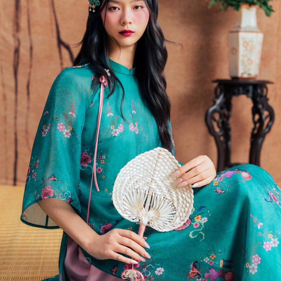 Vietnamese Ao Dai - Thanh Dao Ao-Dai Top - Printed Chiffon - front view in silk in teal by Dinh Dang