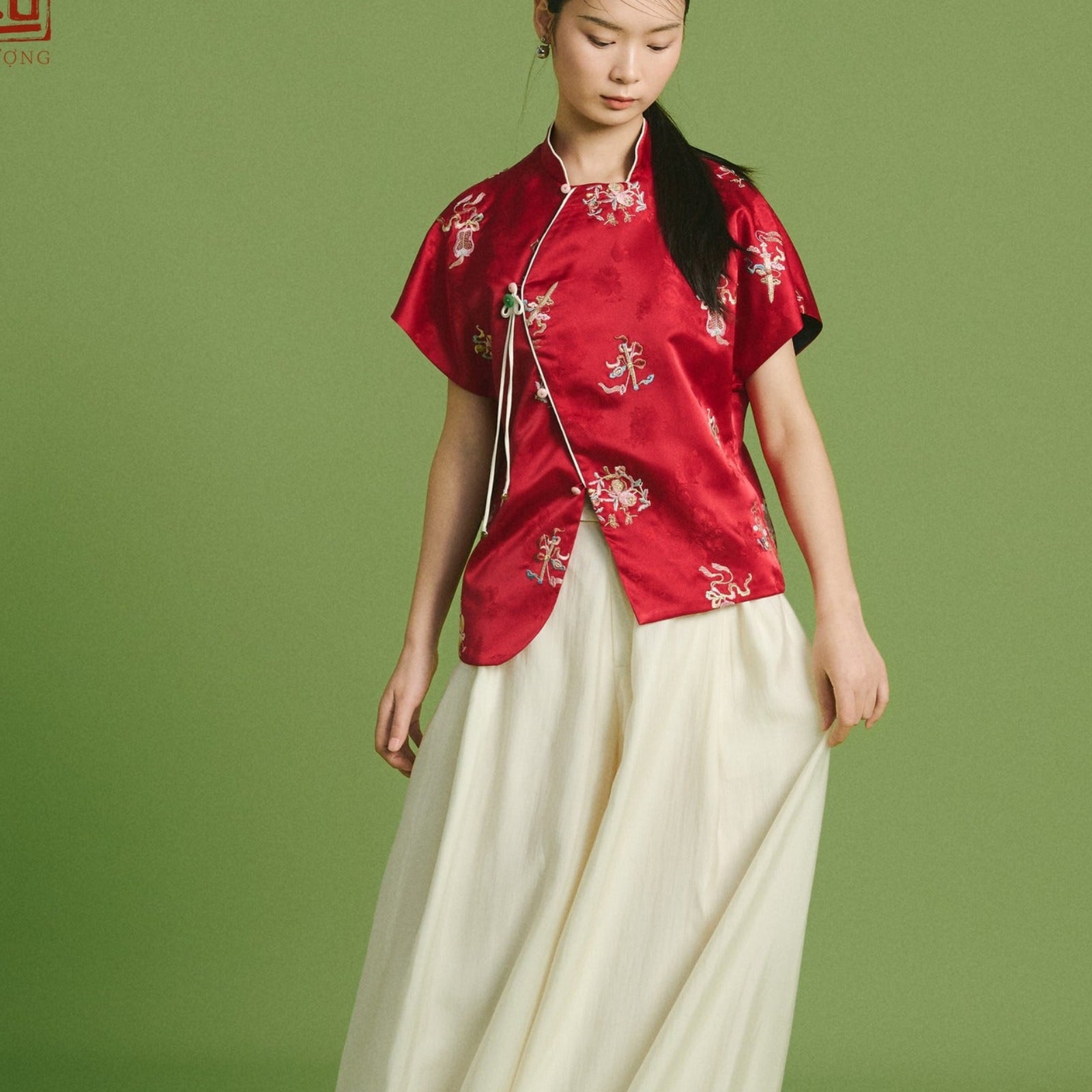 Vietnamese Silver - Spring Bloom – Embroidered Brocade Top in Crimson - styled presentation in red by Hy Phuong