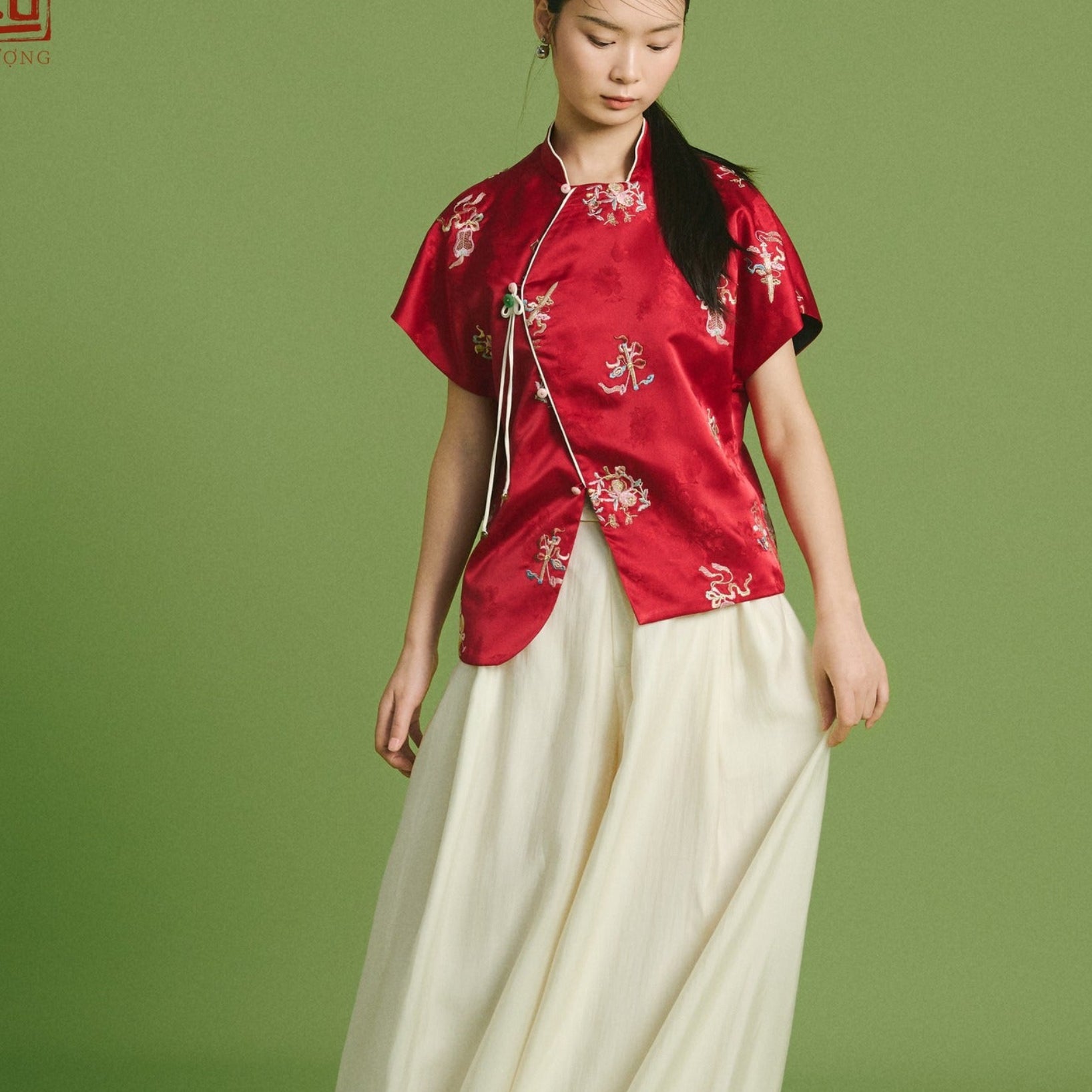 "Spring Bloom" – Embroidered Brocade Top in Crimson - Premium Vietnamese Fashion | L'Orient Haus