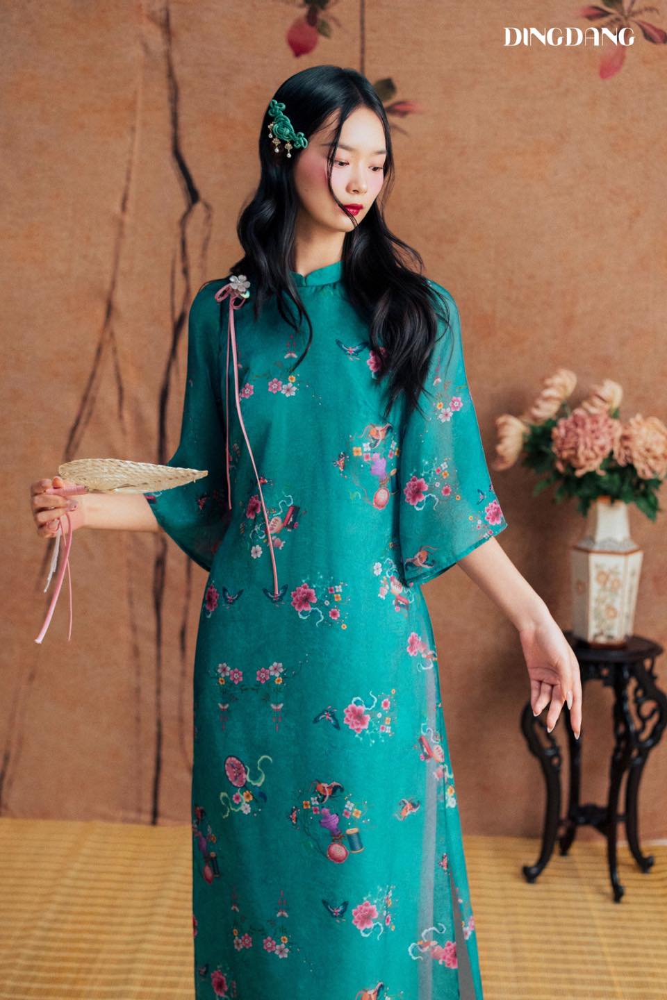 Vietnamese Embroidery - Thanh Dao Ao-Dai Top - Printed Chiffon - front view in silk in teal by Dinh Dang