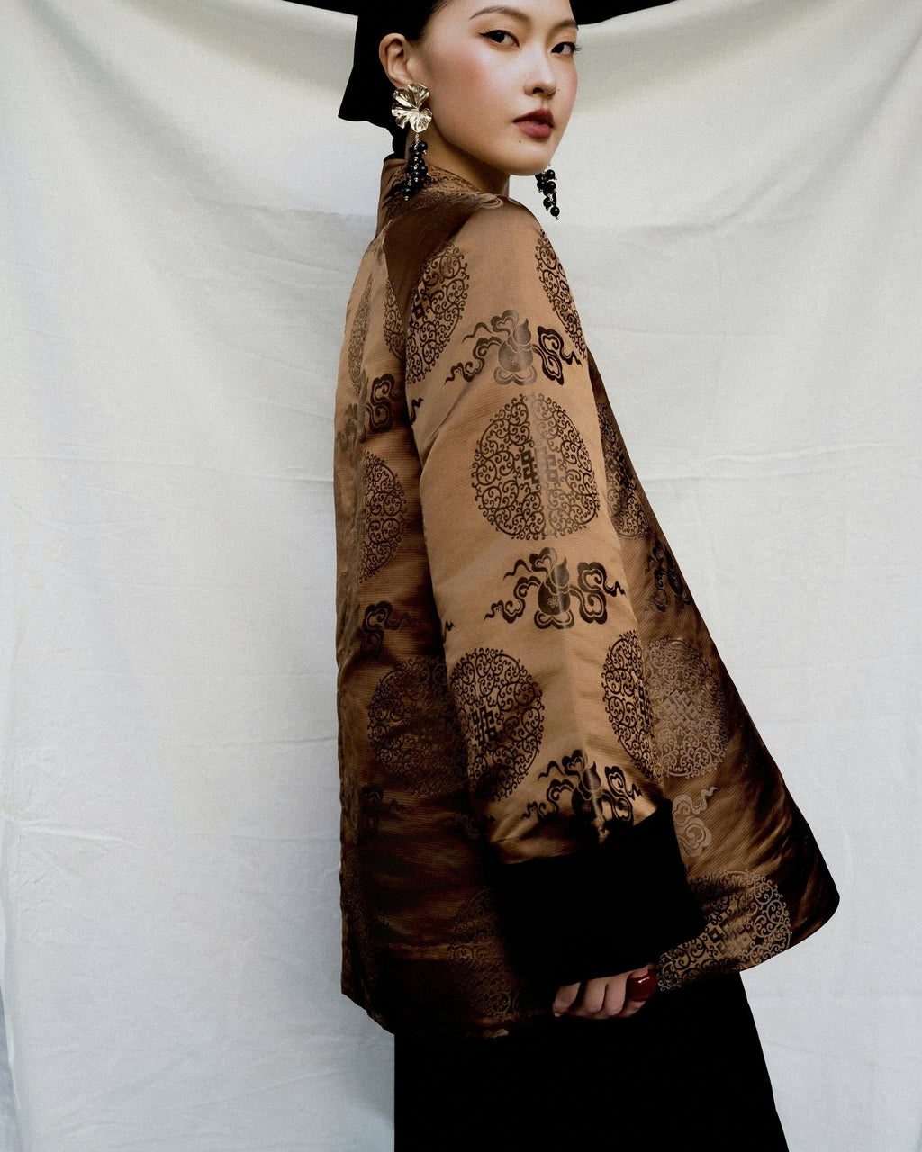 Vietnamese Ao Dai - Luong Nhung - Silk Top in Champagne Gold - side profile in champagne gold by Bonjour