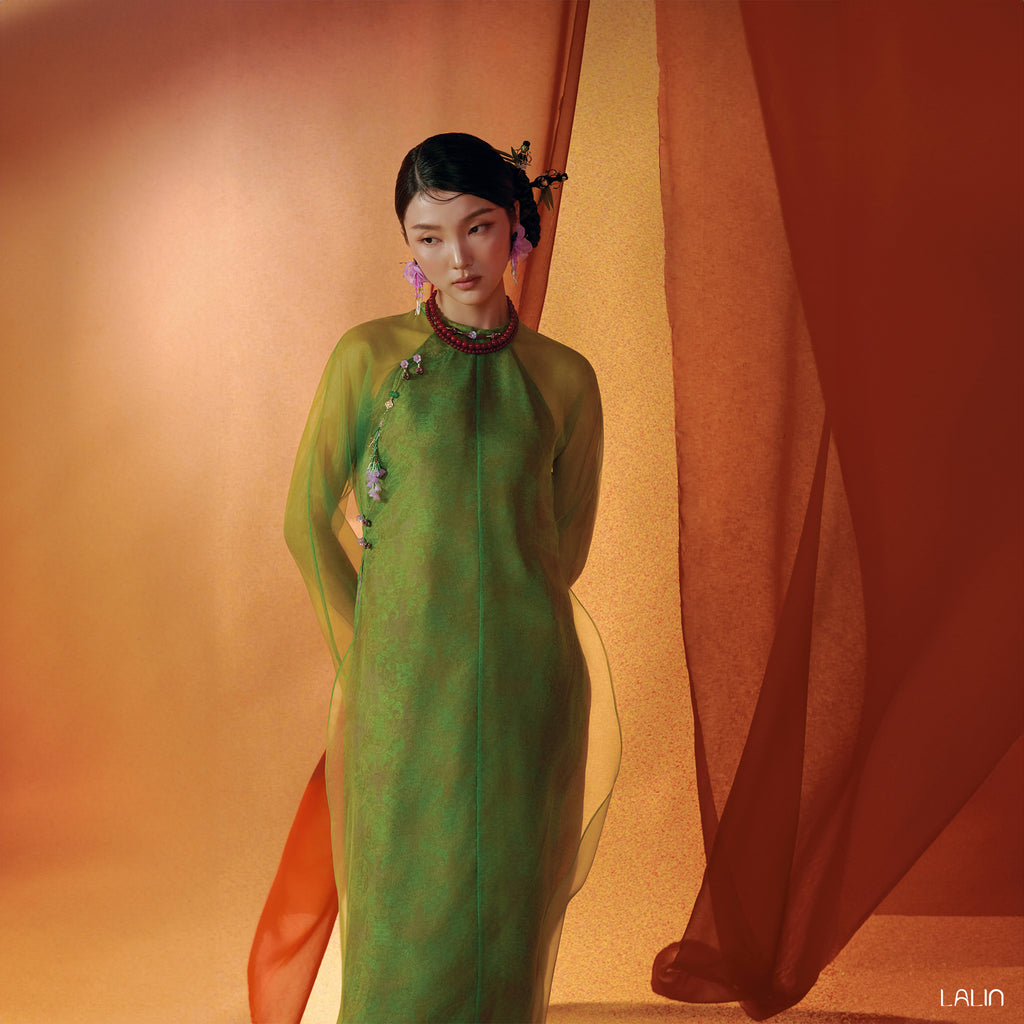 Vietnamese Ao Dai - Khue Tu Ao Dai Set – Doubled Layer in Premium Organza and Wormsilk - front view in green by Lalin