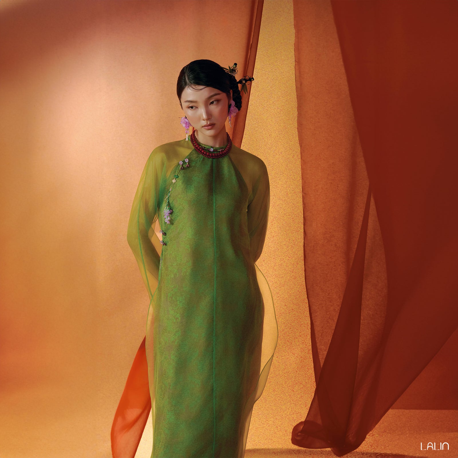 Vietnamese Ao Dai - Khue Tu Ao Dai Set – Doubled Layer in Premium Organza and Wormsilk - front view in green by Lalin