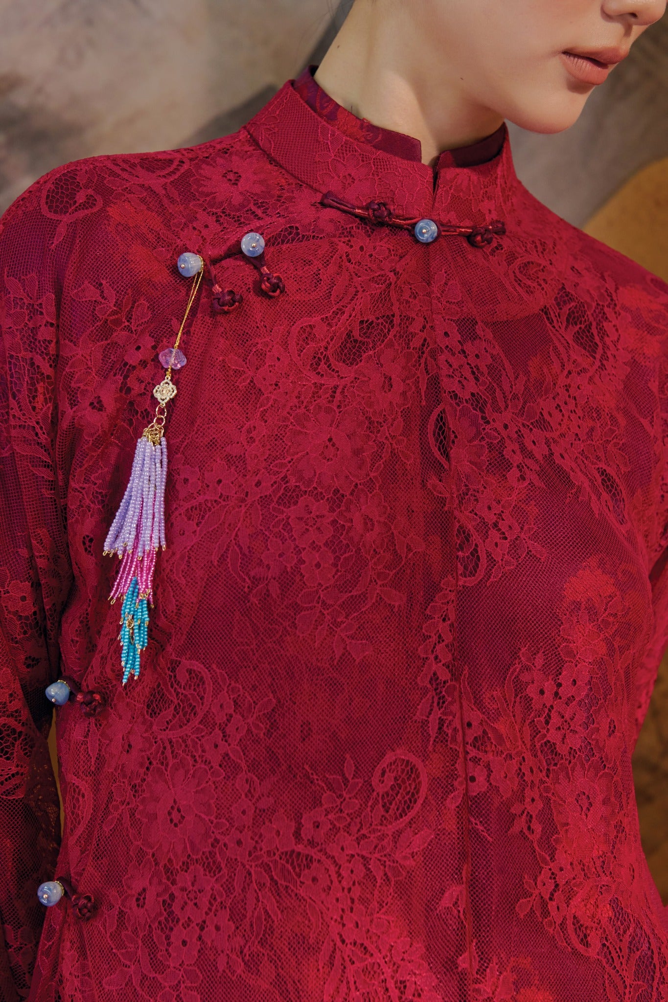 Vietnamese Ao Dai - Nha Khue Ao Dai Set – Doubled Layers in Lace and Wormsilk - detail close-up in red by Lalin