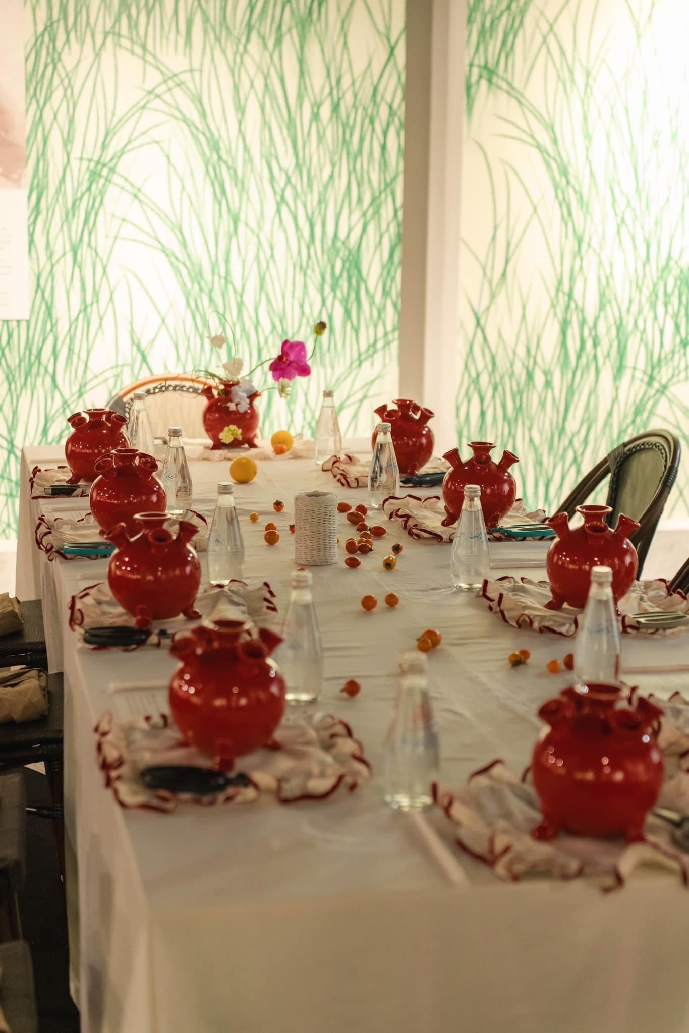 "Bat Trang ceramics - 5-bulb Tulipiere Vase in Bright Red, traditional Vietnamese design, modern pattern"