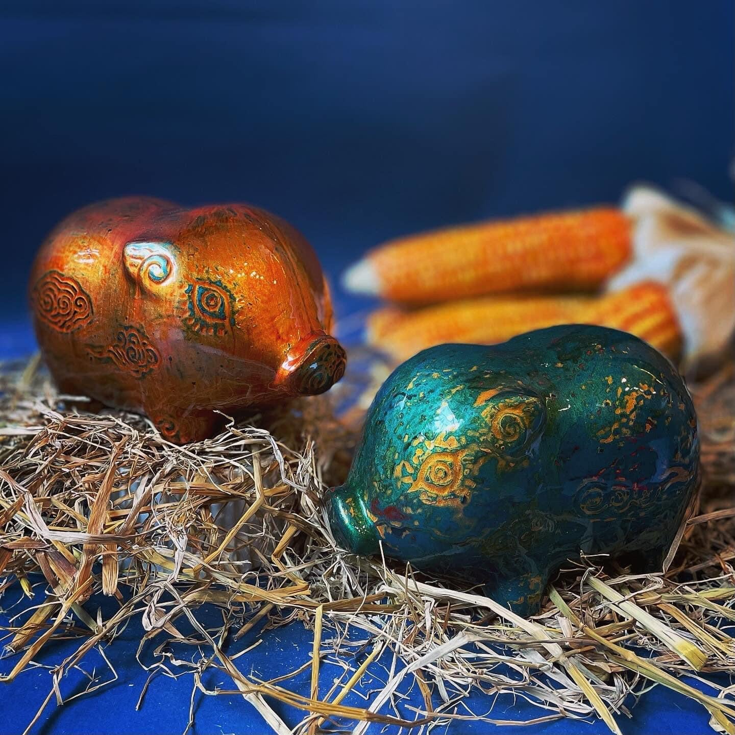 Vietnamese Lacquer - Ceramic Piggy in Lacquer - styled presentation in blue by Lam Phong Pottery