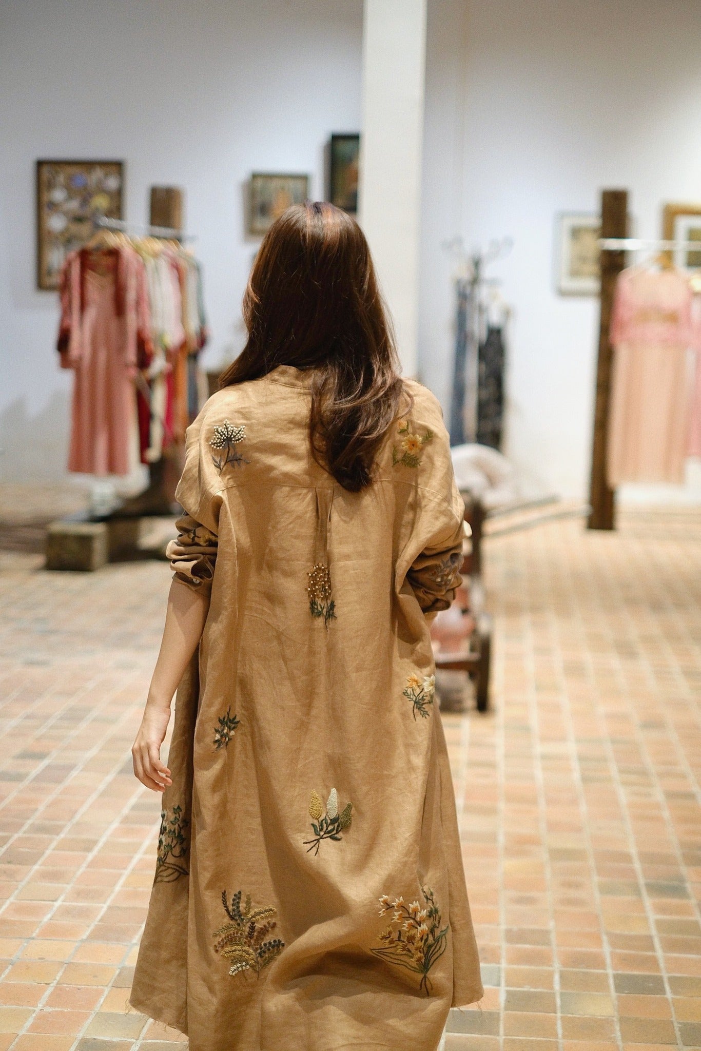 Vietnamese Embroidery - Terra - Embroidered Linen Cardigan - back view in beige by Huulala