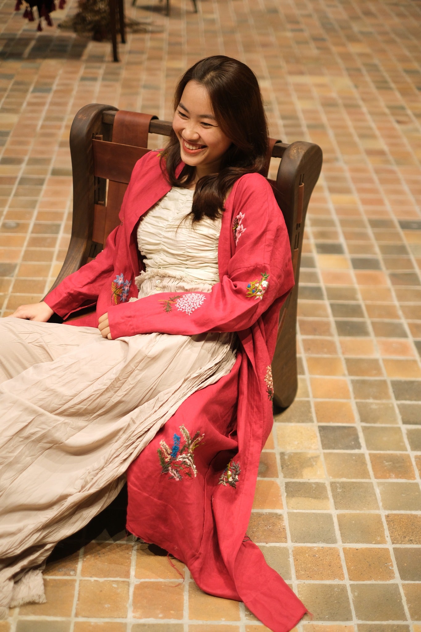 Vietnamese Embroidery - Terra - Embroidered Linen Cardigan - styled presentation in silk in red by Huulala