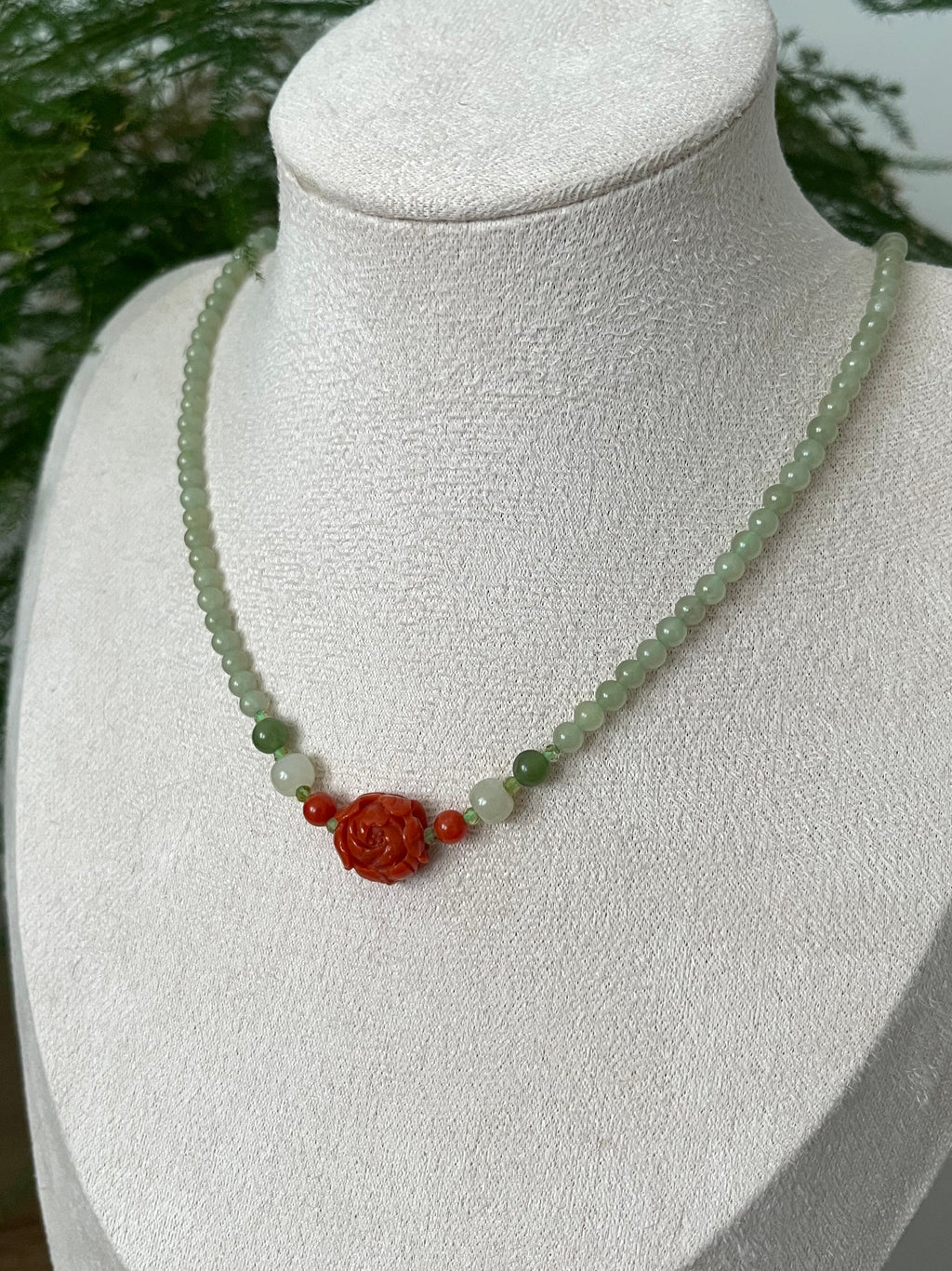 Traditional Motif - Peony Bloom - Nephrite & Nanhong Peony Necklace in tiny beads - front view in green by L'Orient Haus
