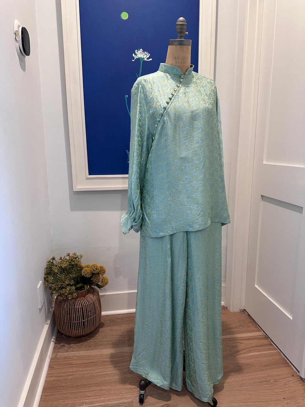 KY Ao-Ngan (Shorter version of Ao-dai) with Balloon Sleeve in Aqua Celadon - back view by Huyen Thai Collection