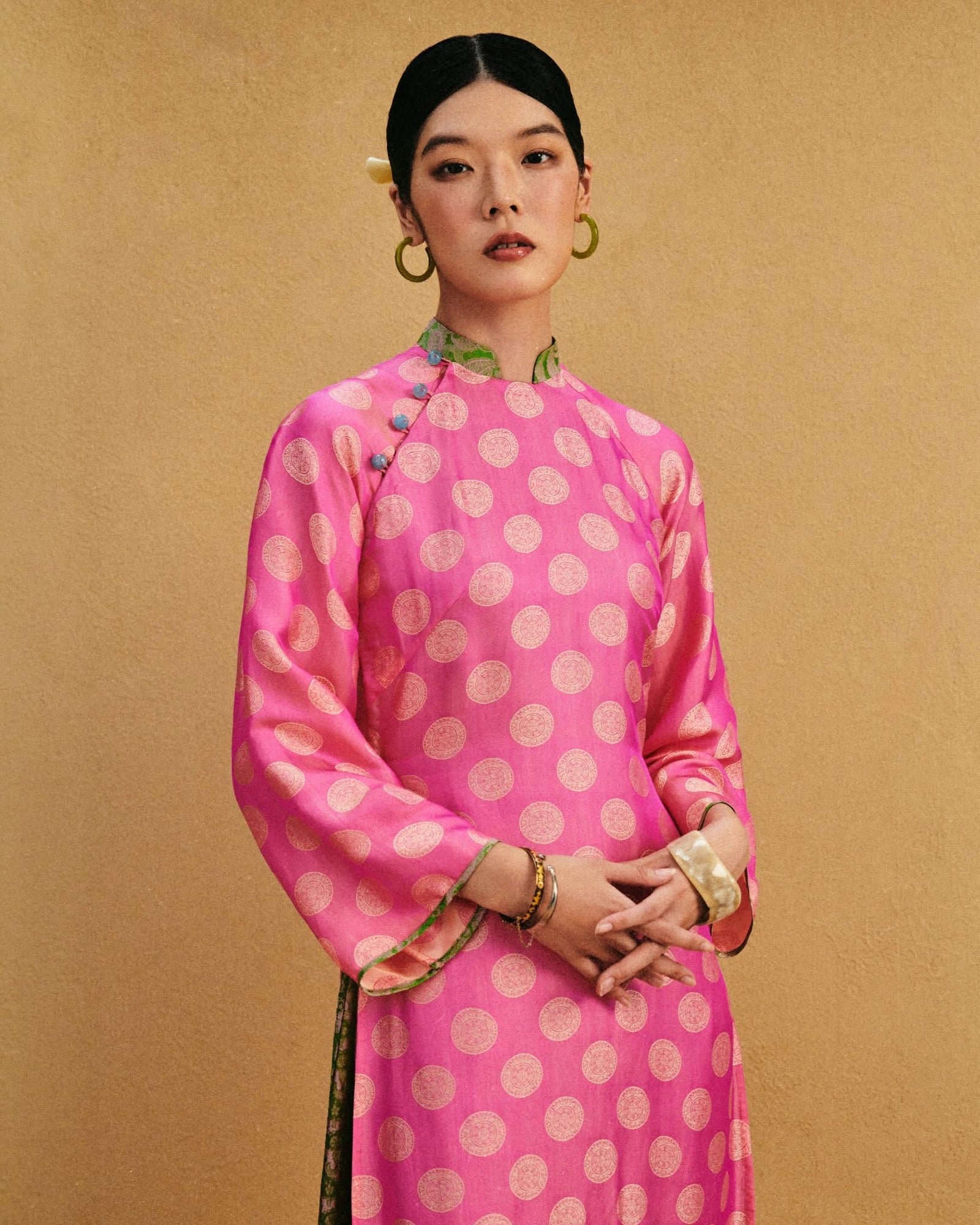 Vietnamese Ao Dai - Petal Drift Ao-dai Set - Double-Layer Áo Dài in Premium Silk - front view in pink by Lo Boutique