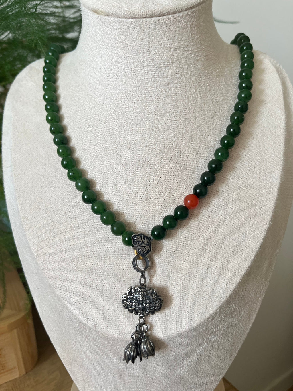 Vietnamese Silver - “Imperial Moss” – 8mm Green Hetian Jade Long Necklace | 和田老矿碧玉长链 - front view in green by L'Orient Haus