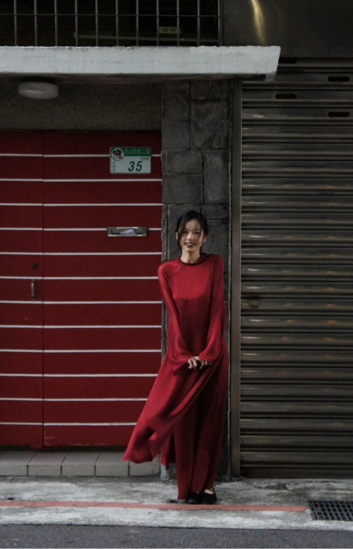 "Crimson silk asymmetric Ao Dai set, traditional Vietnamese dress by UoM."