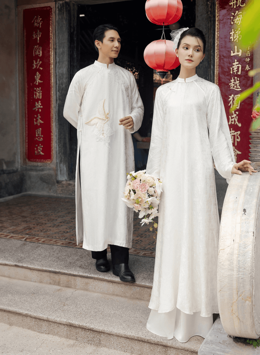 "Hy Loan Ao Dai Set in white silk by Lalin, traditional Vietnamese dress with modern artisan design."