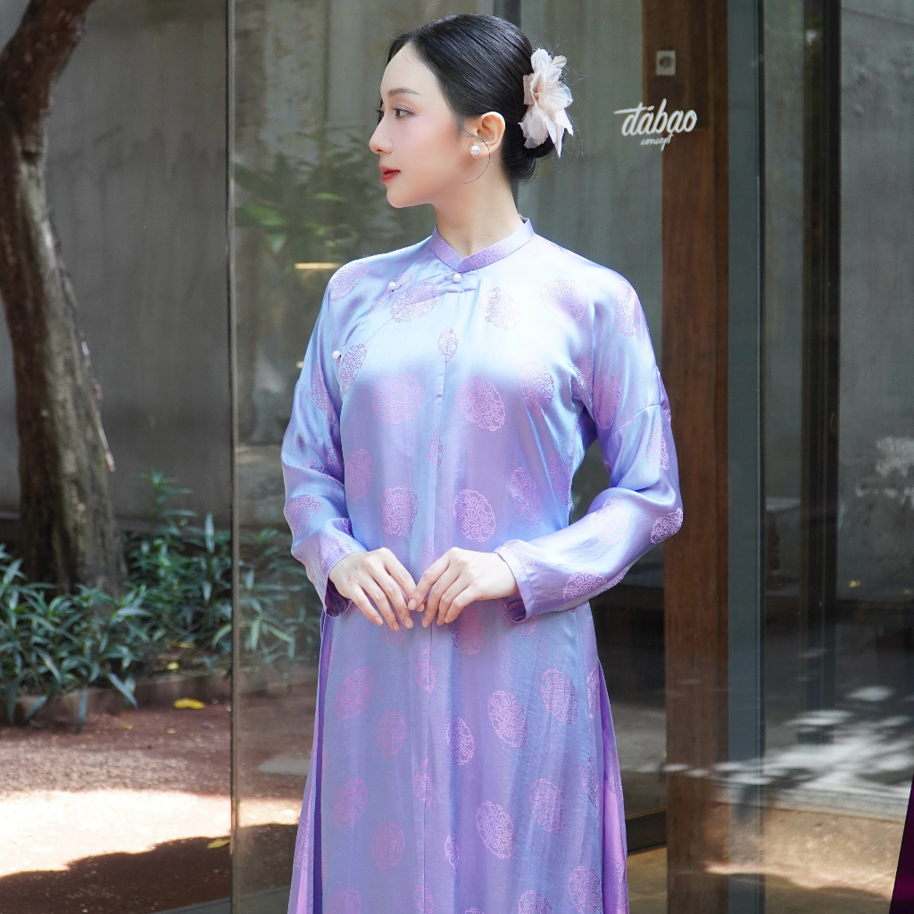 Ngũ Vân Ao-dai Set – Wormsilk 5-panel Aodai in Lavender [Traditional cut] - front view by Moc