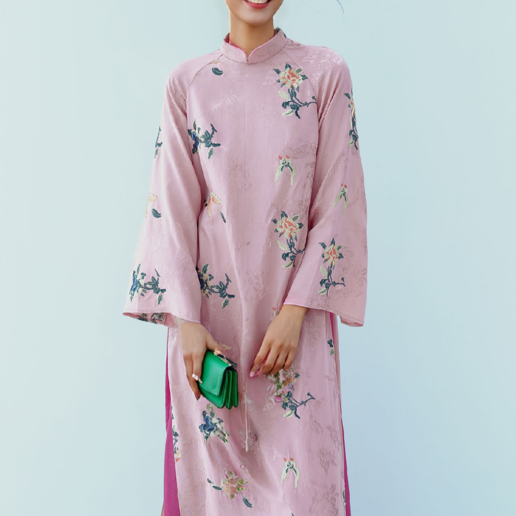 Vietnamese Embroidery - Chau Hoa Ao Dai set - Embroidered Flowers on viscose - front view in brocade in pink by Moc