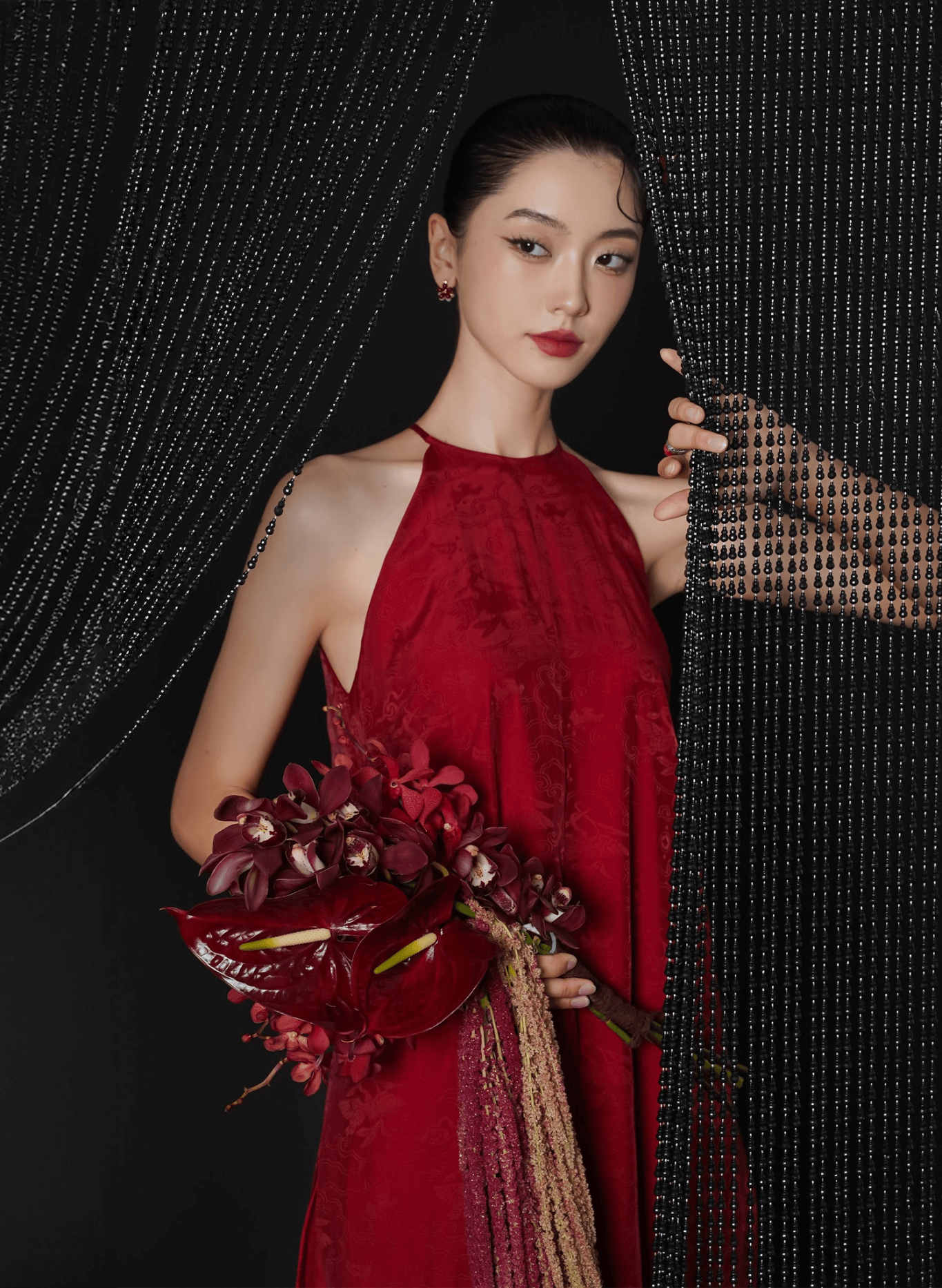 Vietnamese Embroidery - Van Loan Halter Neck Ao dai Set - Premium Silk - front view in brocade in red by Lalin