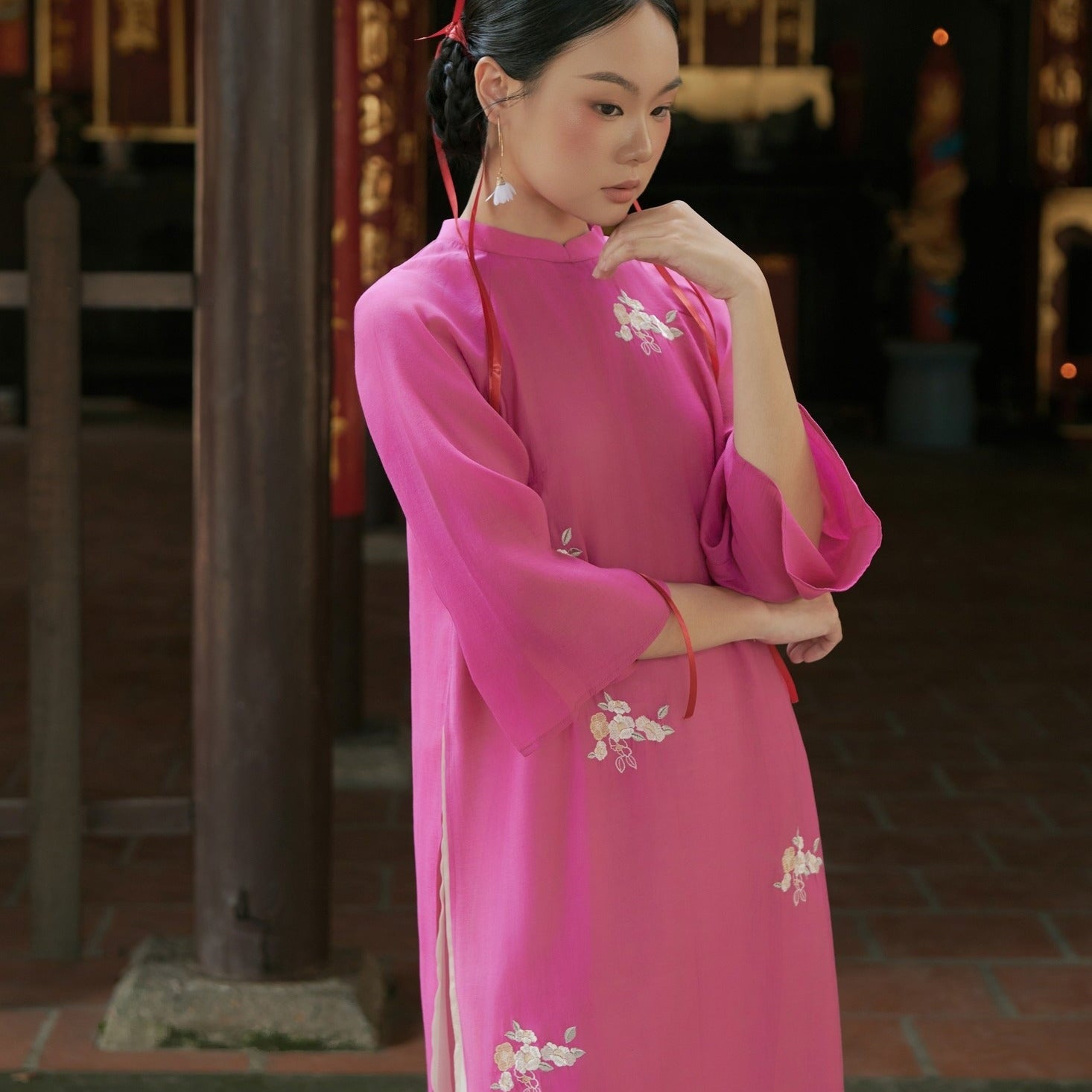 Vietnamese Ao Dai - Kha Ai Ao Dai Set - Chiffon in Pink [Modern cut] - front view in silk in pink by Moc