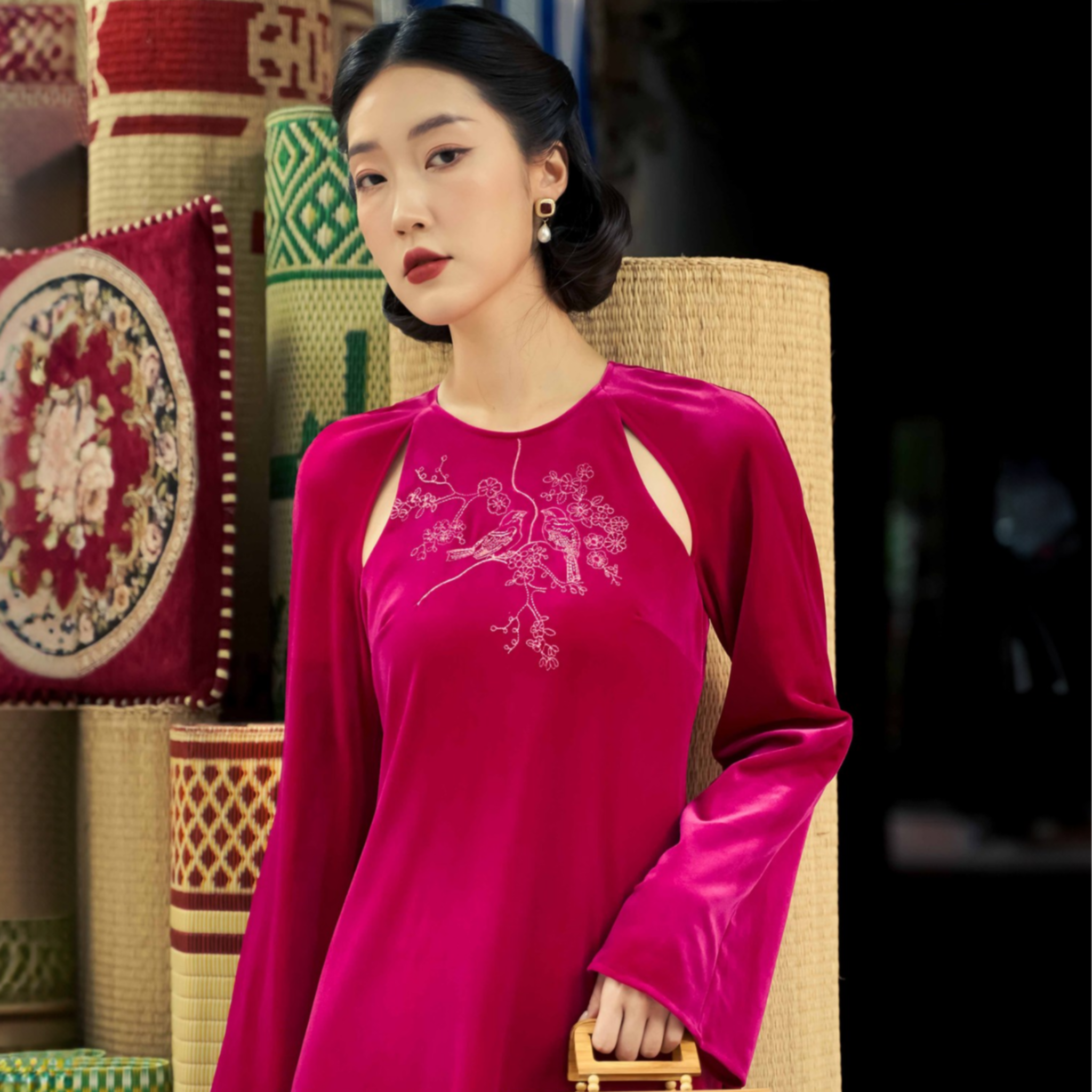 Vietnamese Ao Dai - Diem Quyen - Cut-out Embroidered Velvet Dress - front view in silk in fuchsia by Lalin