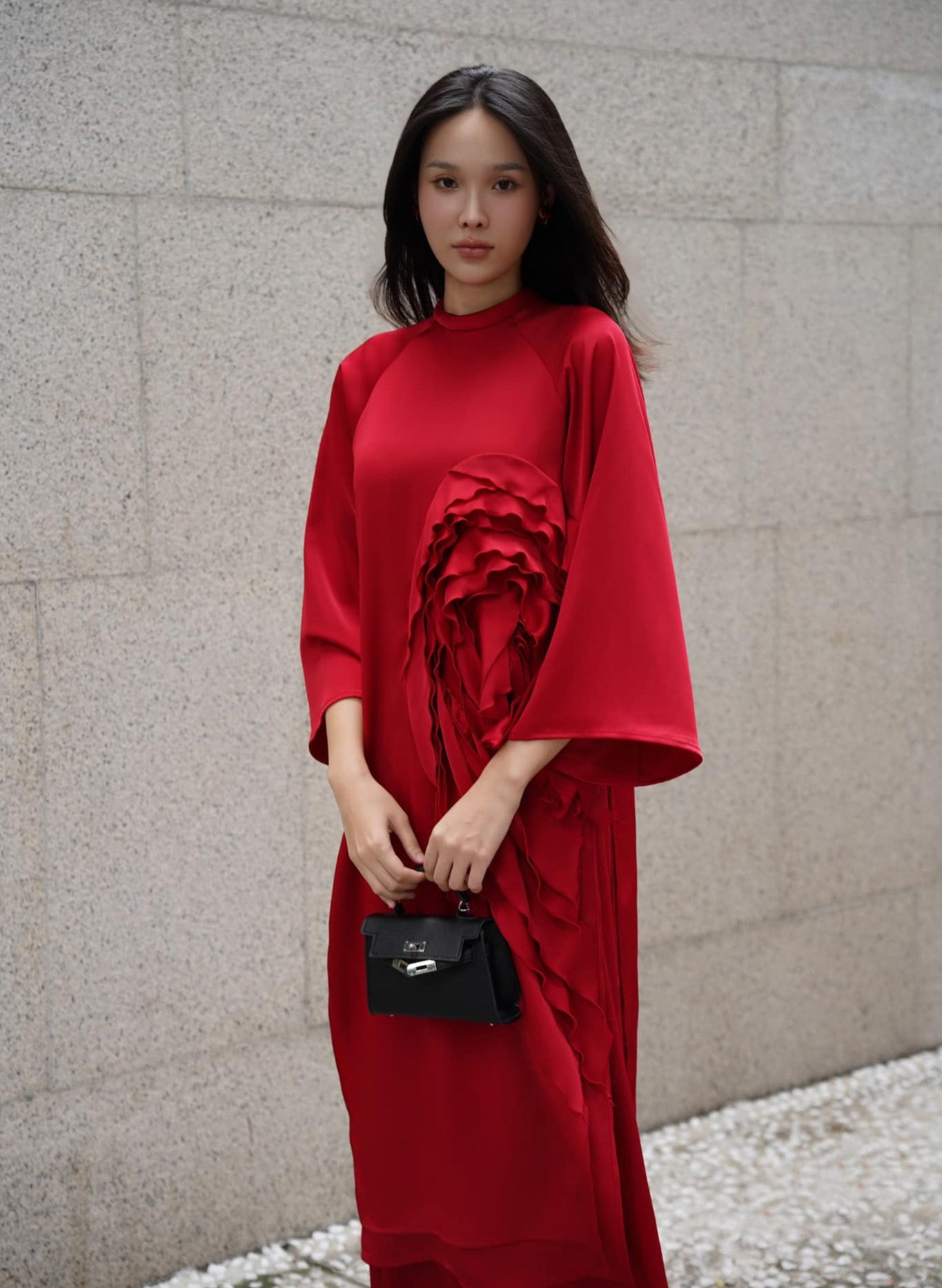 "Crimson Bloom Limited Edition Silk Ao Dai Set by Das Levine, red floral modern Vietnamese dress"