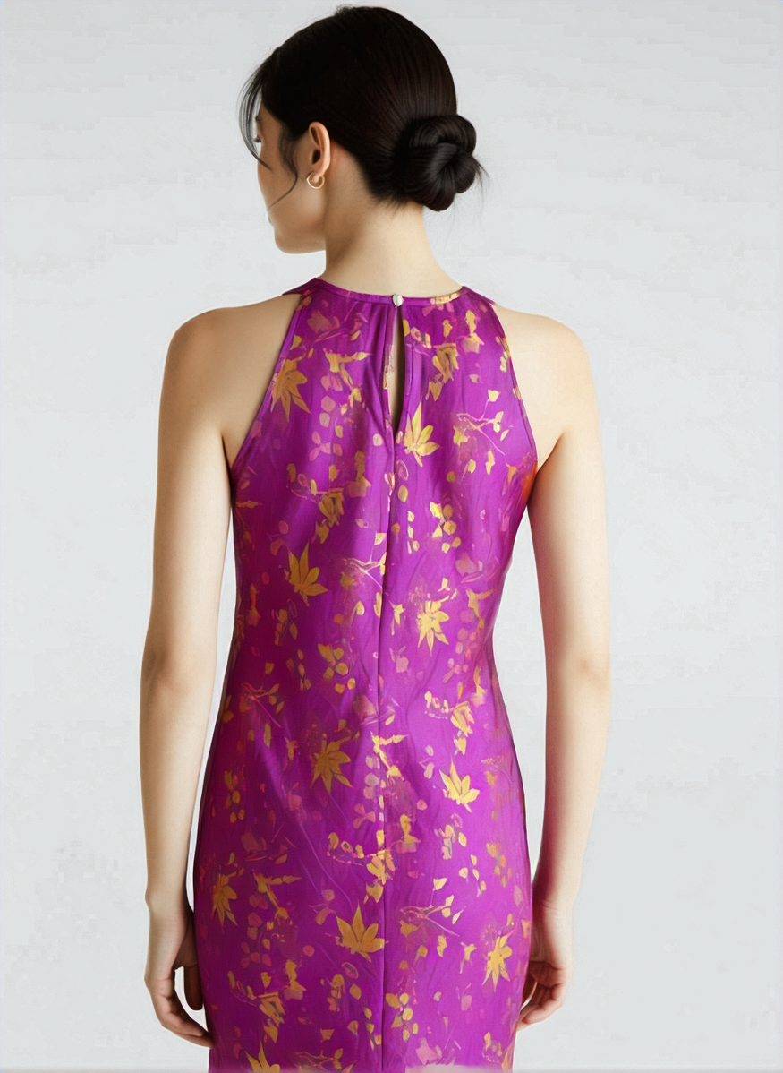 Silk Pattern - Radiance in Silk Slip Dress – Fuchsia Gold - back view in purple by Lo Boutique