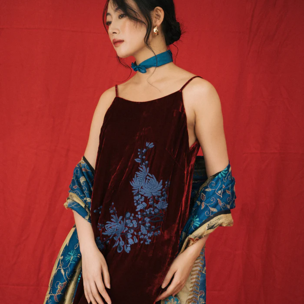 Vietnamese Embroidery - Rumi - Embroidered Suede dress - side profile in velvet in maroon by Huulala