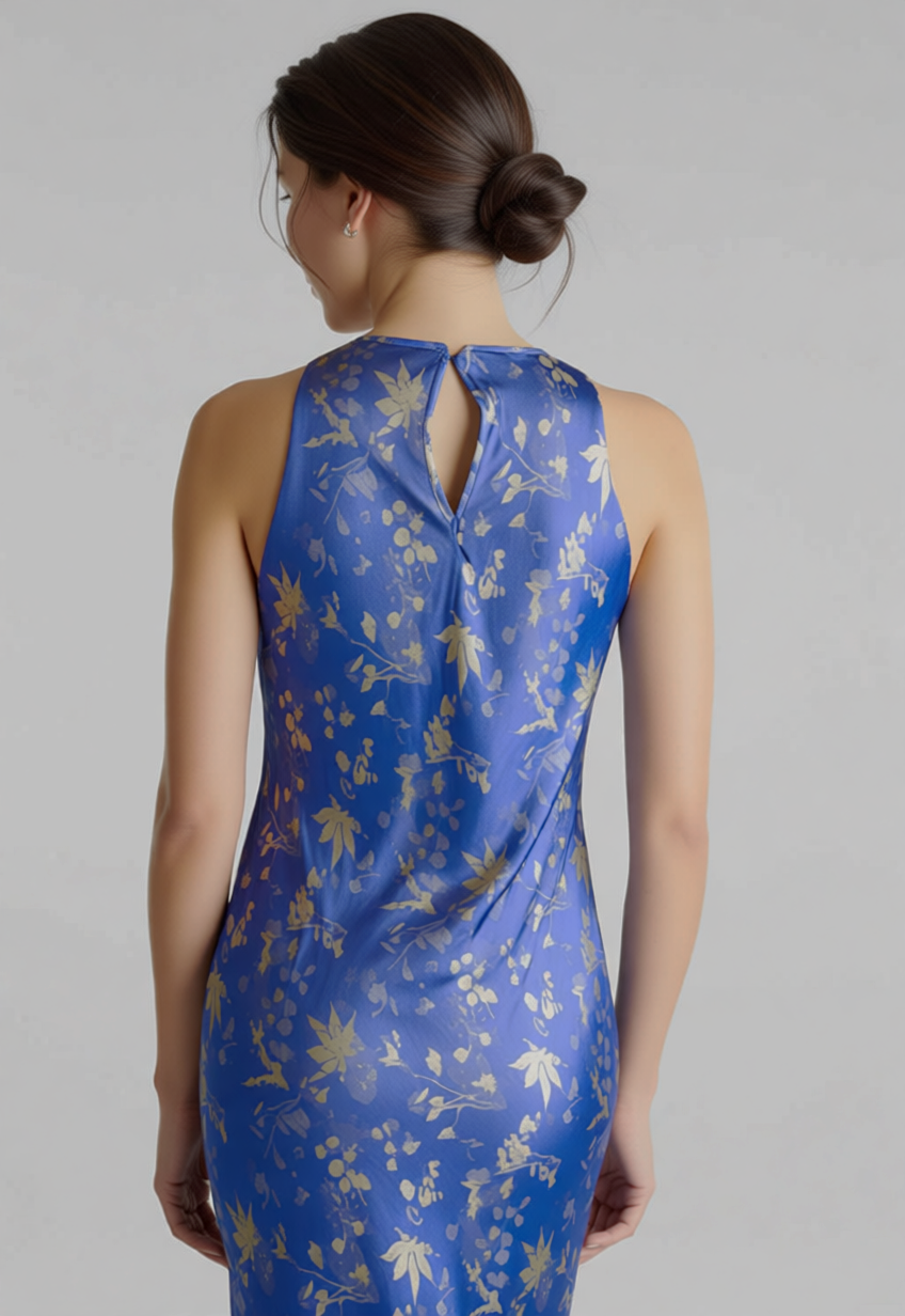 Silk Pattern - Radiance in Silk Slip Dress - back view in blue by Lo Boutique
