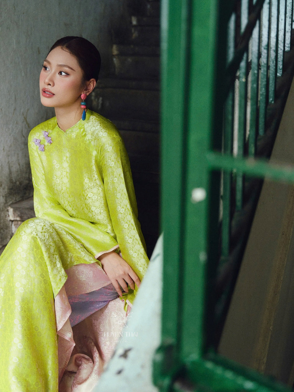 Vietnamese Ao Dai - Thu Y Ao Dai Set - Double-layer in Wormsilk - styled presentation in green by Huyen Thai Collection