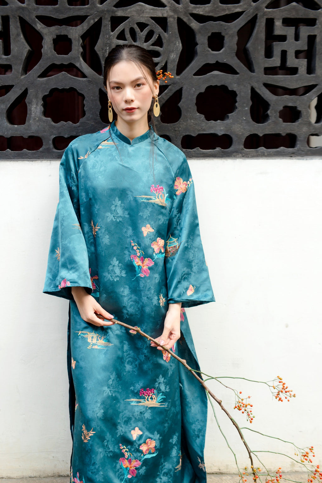 Vietnamese Ao Dai - Lan Đình Ao-dai Set – Embroidered in Tranquil Teal [Traditional Cut] - front view in silk in teal by Moc