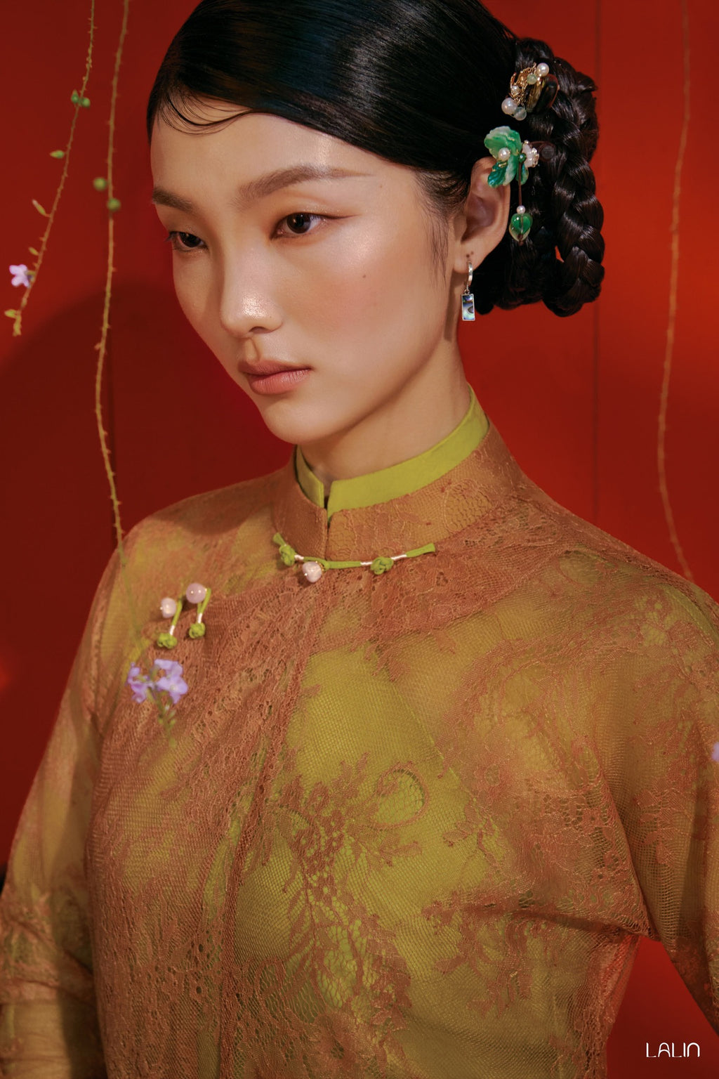 Vietnamese Ao Dai - Khue Anh Ao Dai Set – Doubled Layers in Lace and Wormsilk - front view in organza in green by Lalin