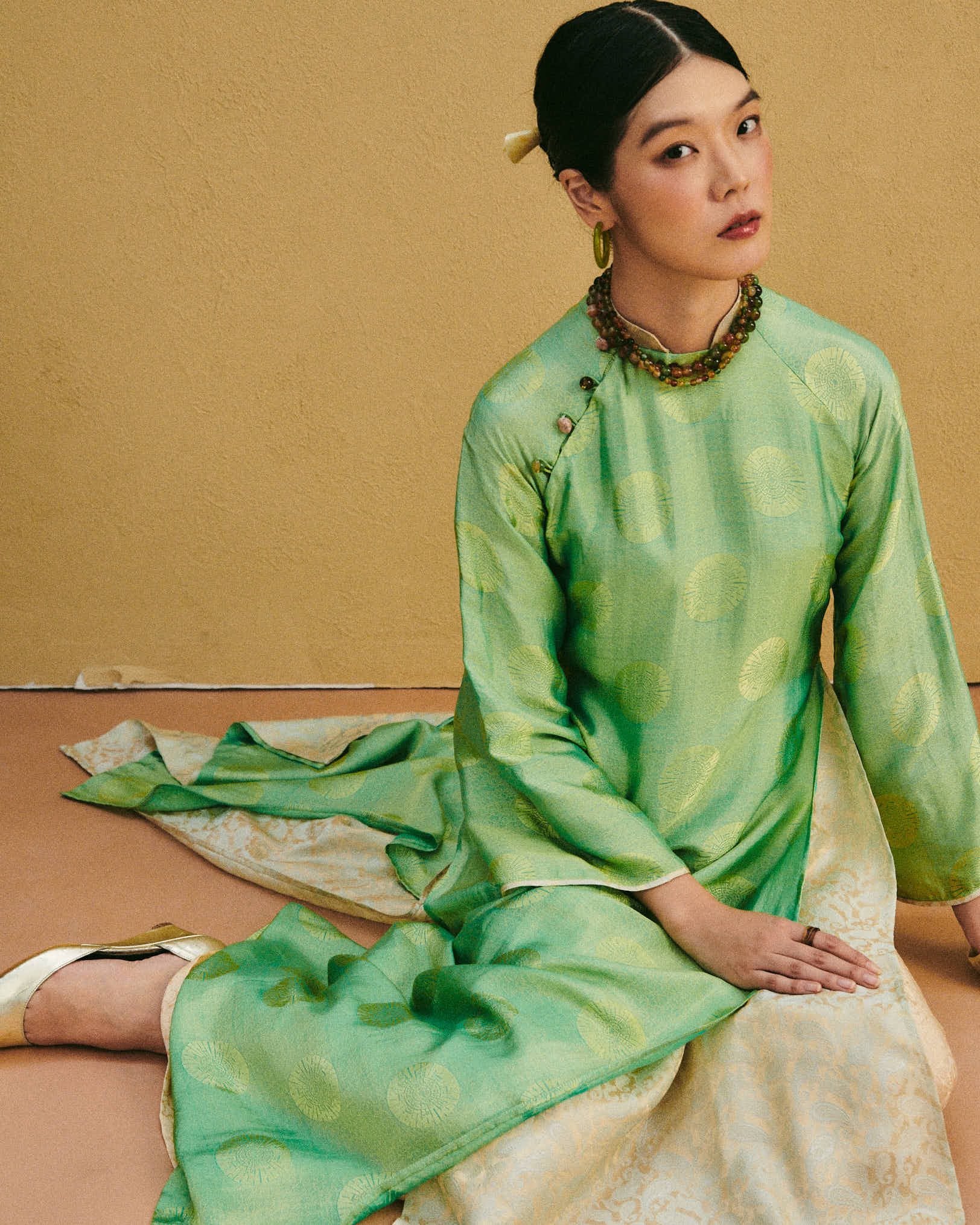 [Limited Edition] Verdant Echo Ao Dai Set – Premium Jacquard Silk in Celadon - side profile by Lo Boutique