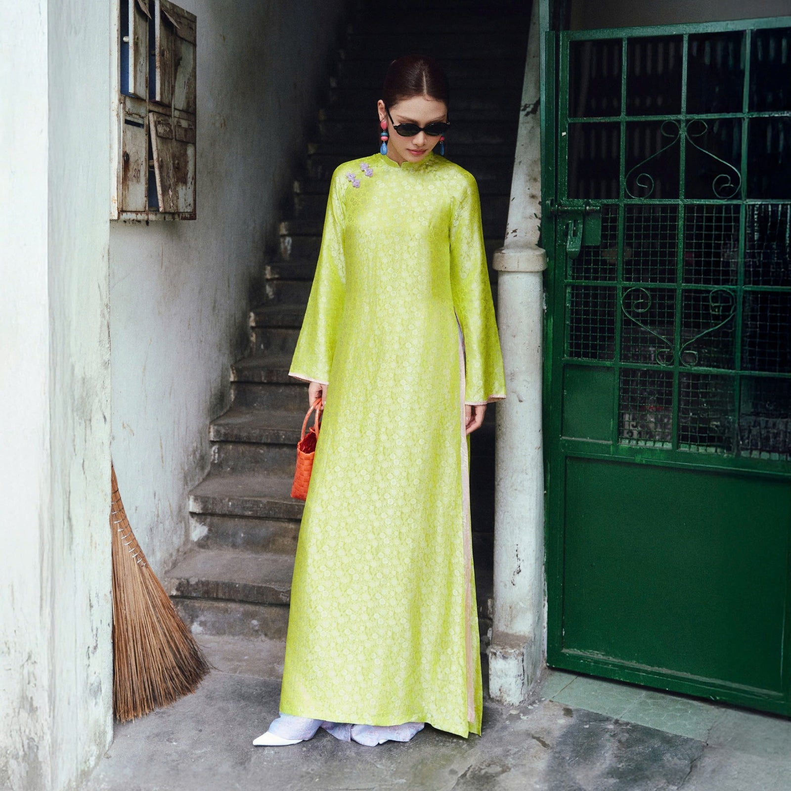 Vietnamese Ao Dai - Thu Y Ao Dai Set - Double-layer in Wormsilk - front view in green by Huyen Thai Collection