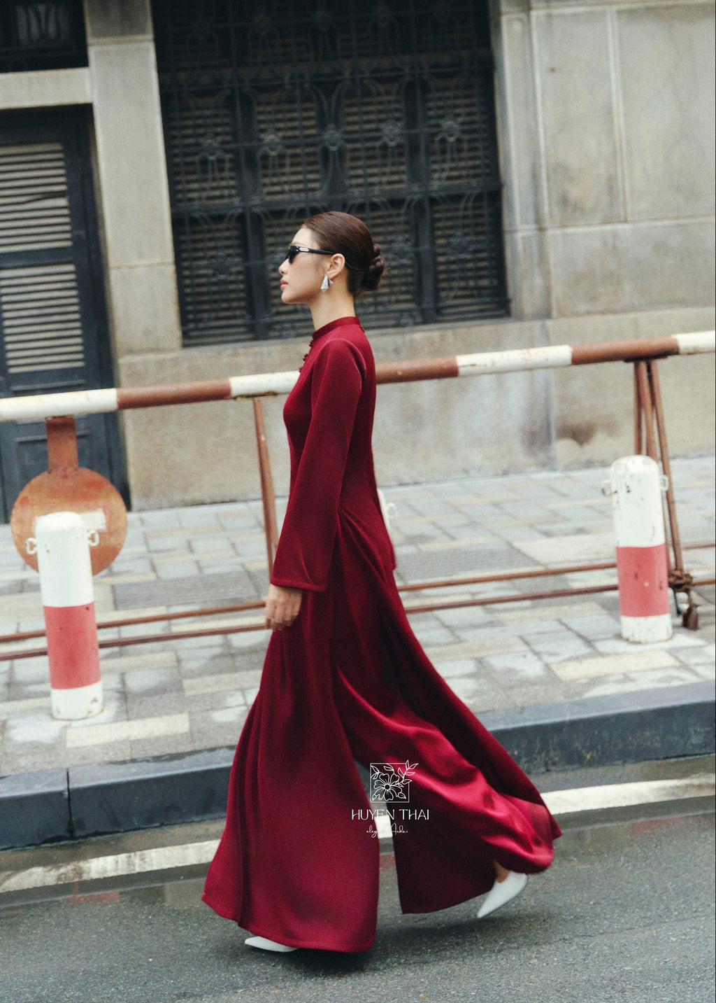 Vietnamese Ao Dai - “Thời Nguyệt” Áo Dài Set - Velvet Silk in Wine Red - side profile in red by Huyen Thai Collection