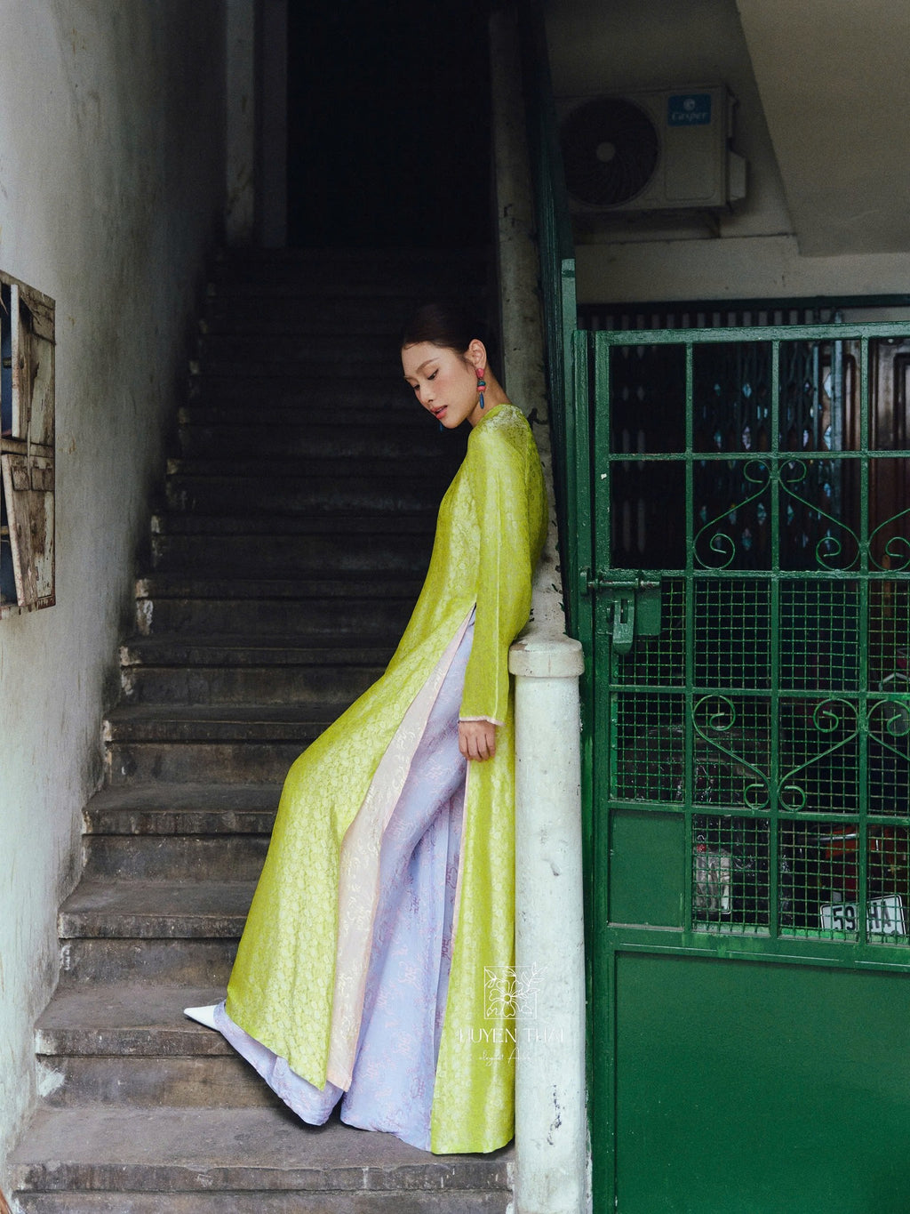 Vietnamese Ao Dai - Thu Y Ao Dai Set - Double-layer in Wormsilk - side profile in green by Huyen Thai Collection