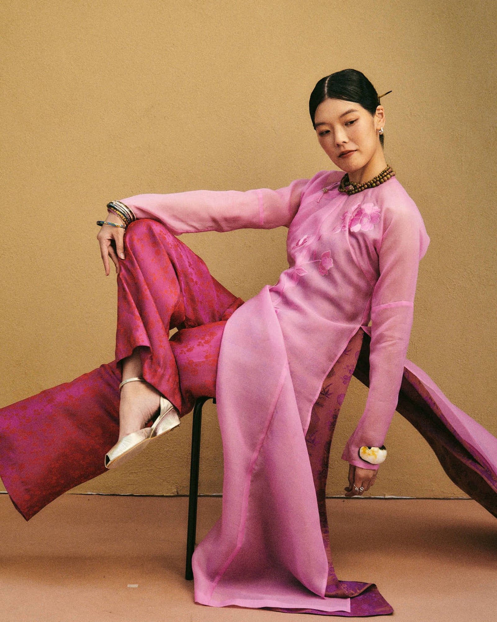[Limited Edition] Azure Blossom Ao-dai Set - Luxury Dual-Layer Hand-Embroidered Organza and Silk Ensemble - side profile