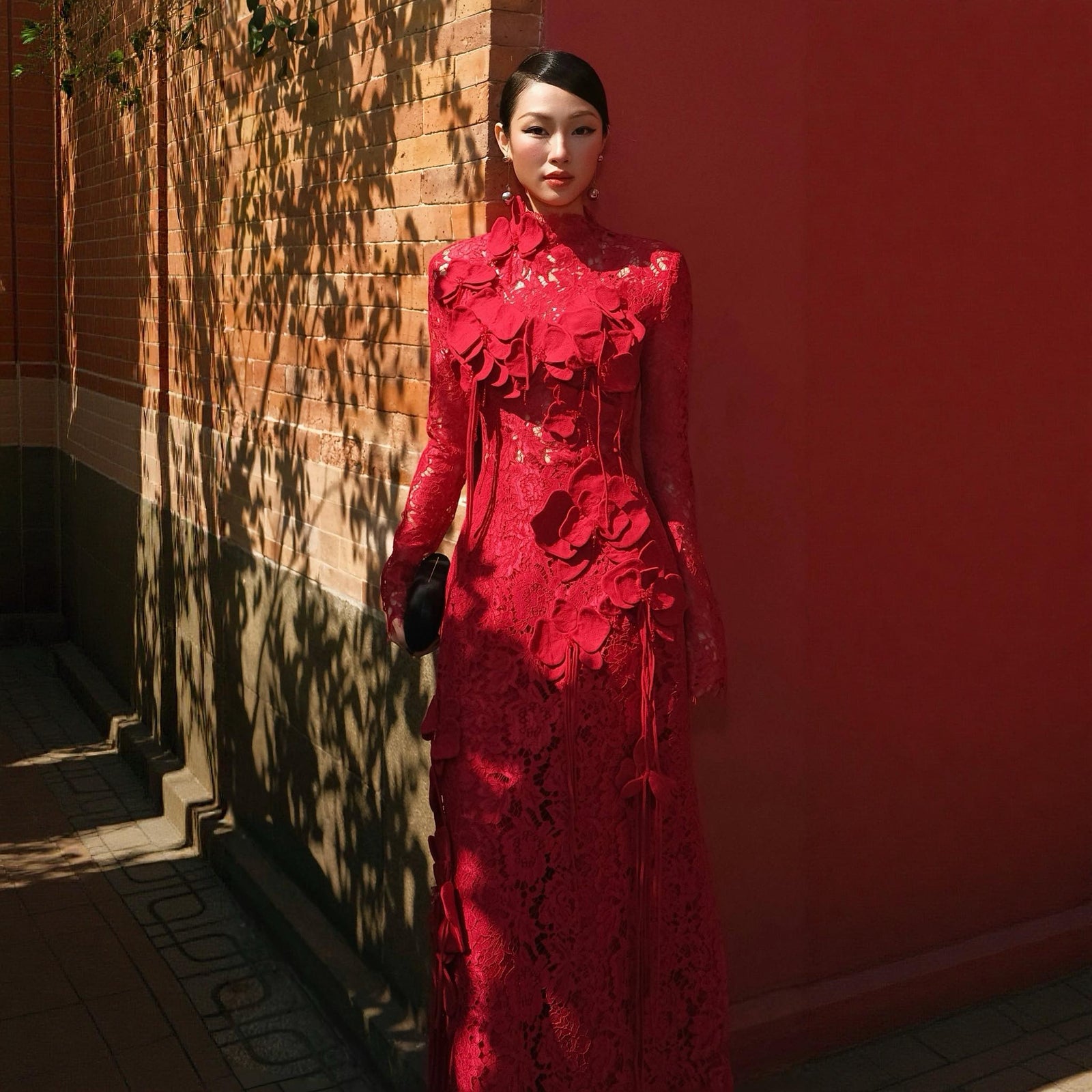 [Limited Edition] Chu Sa Ao-dai Set - Luxury Lace with Handcrafted 3D-Orchids - front view by Keira Tong