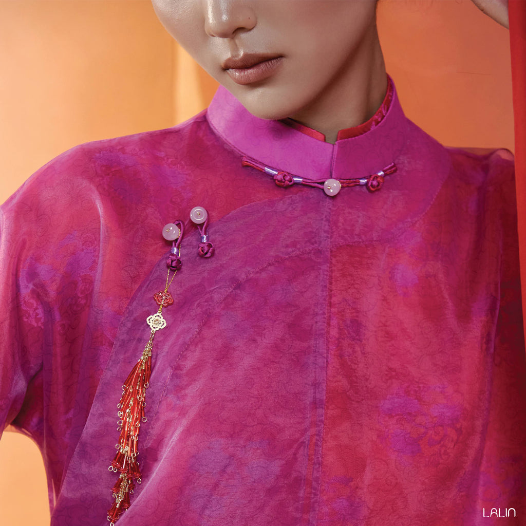 Vietnamese Ao Dai - Thu Khue Ao Dai Set – Doubled Layers in Lace and Wormsilk - detail close-up in pink by Lalin