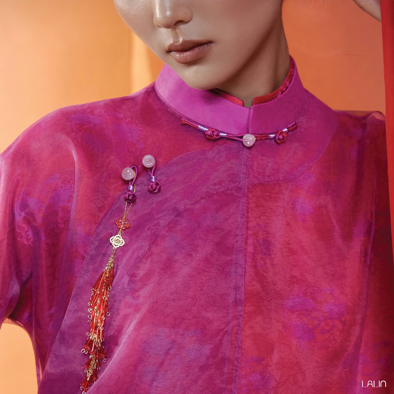 Vietnamese Ao Dai - Thu Khue Ao Dai Set – Doubled Layers in Lace and Wormsilk - detail close-up in pink by Lalin