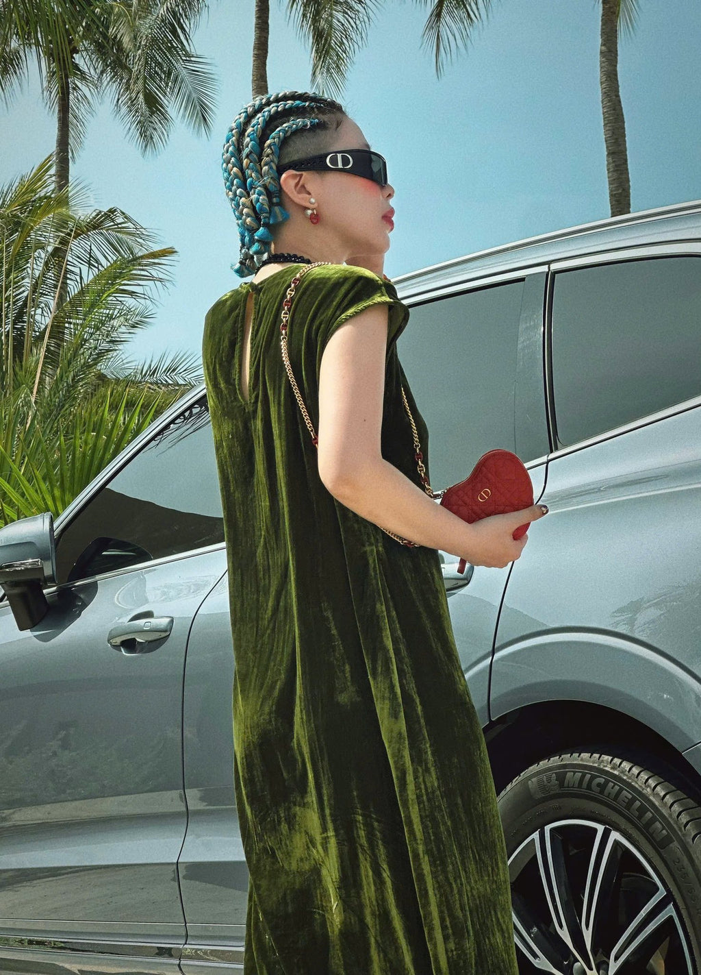 Velvet Prosperity – Velvet Dress with Lacy front in Deep Forest - back view in green by Huyen Thai Collection