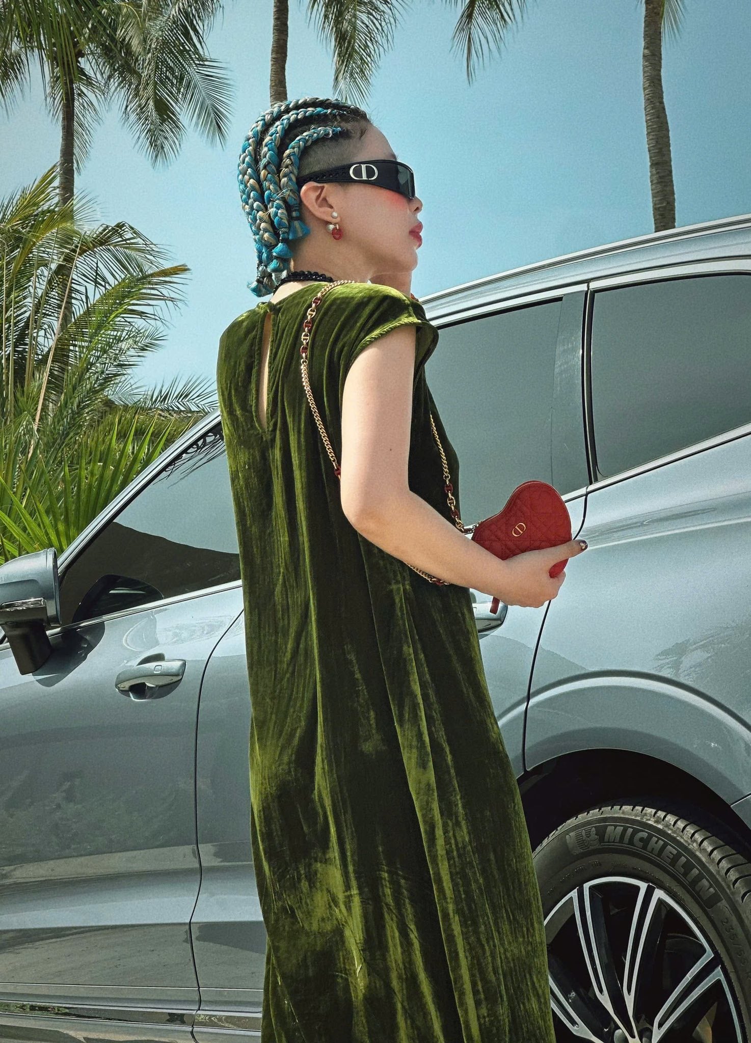 Velvet Prosperity – Velvet Dress with Lacy front in Deep Forest - back view in green by Huyen Thai Collection