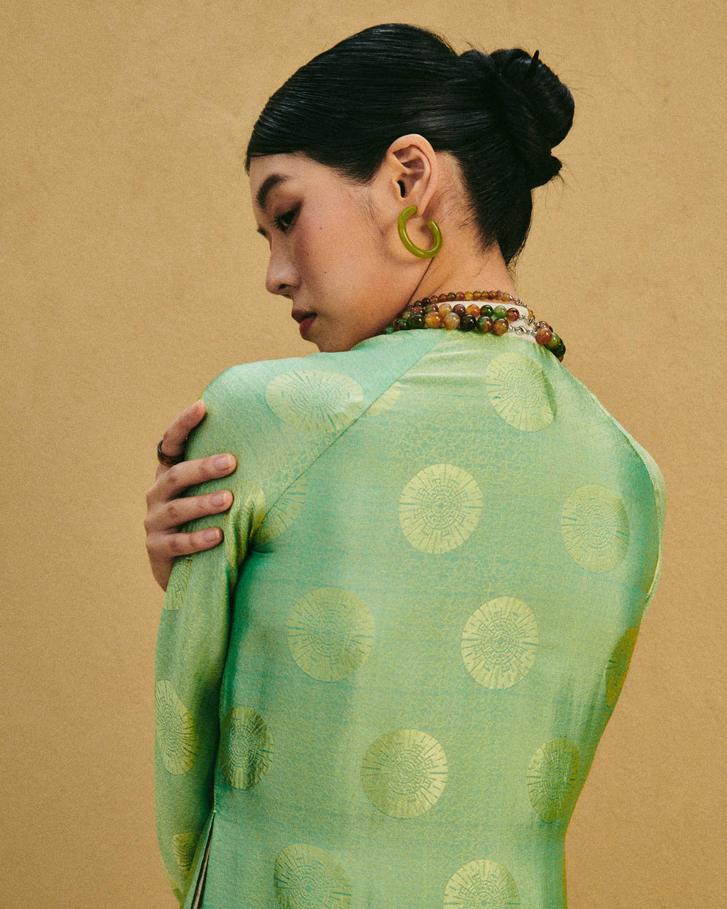 [Limited Edition] Verdant Echo Ao Dai Set – Premium Jacquard Silk in Celadon - back view by Lo Boutique
