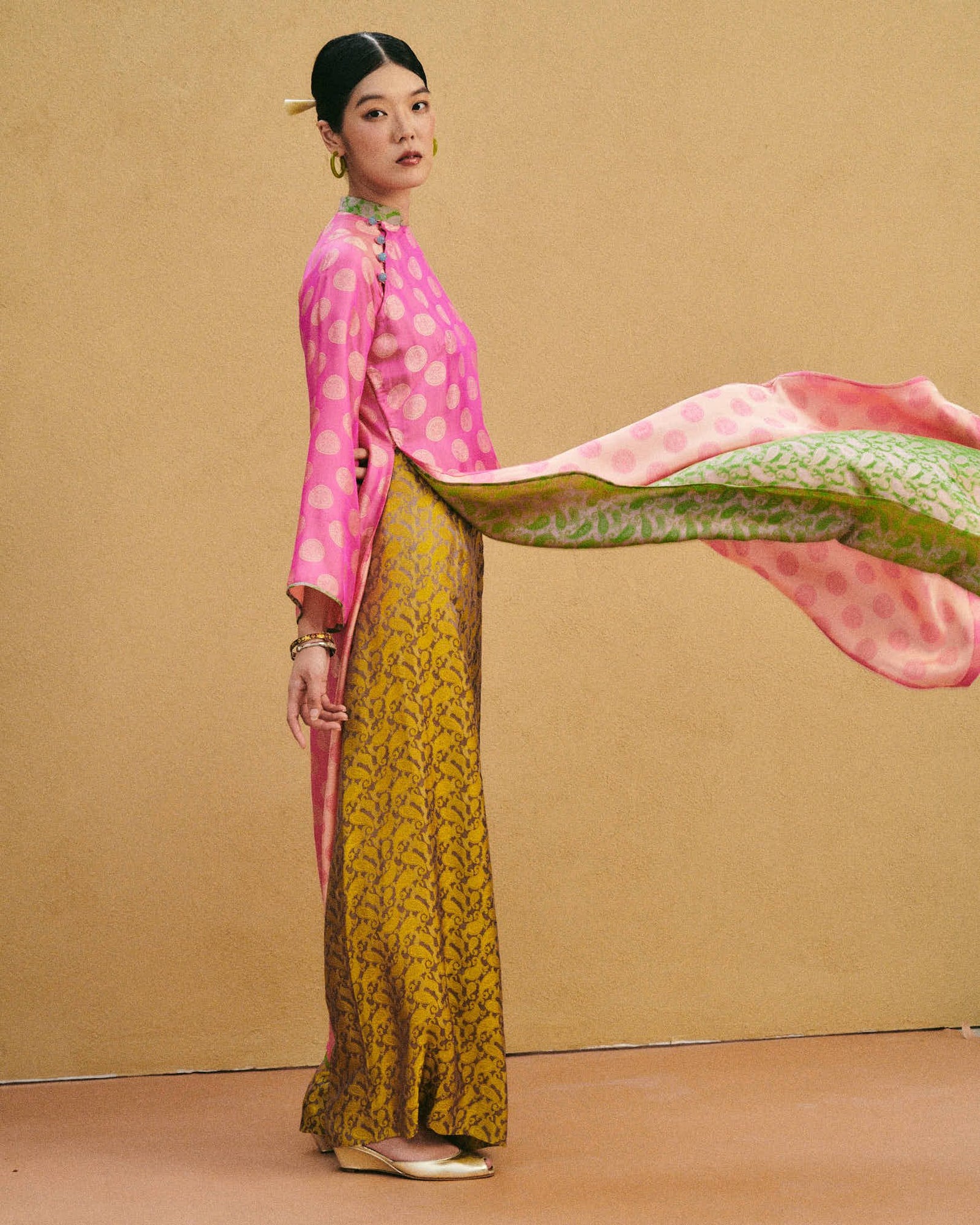 [Pre-order Only] Petal Drift Ao-dai Set - Double-Layer Áo Dài in Premium Silk - side profile by Lo Boutique