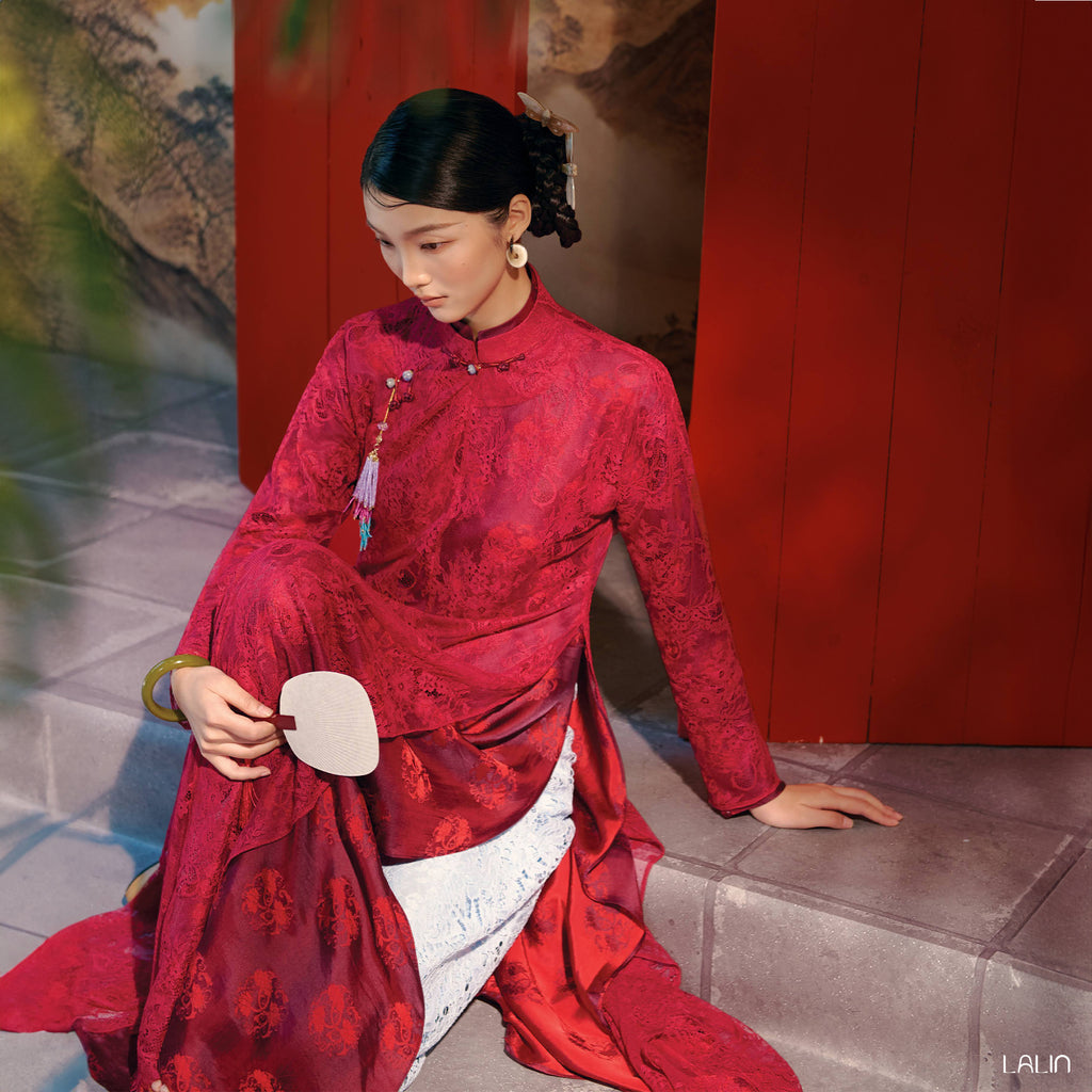Vietnamese Ao Dai - Nha Khue Ao Dai Set – Doubled Layers in Lace and Wormsilk - styled presentation in red by Lalin