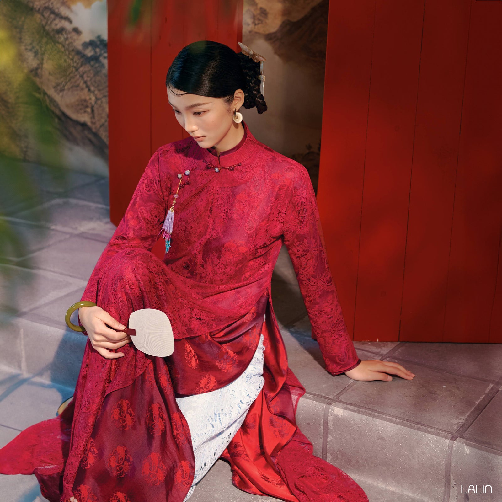 Vietnamese Ao Dai - Nha Khue Ao Dai Set – Doubled Layers in Lace and Wormsilk - styled presentation in red by Lalin