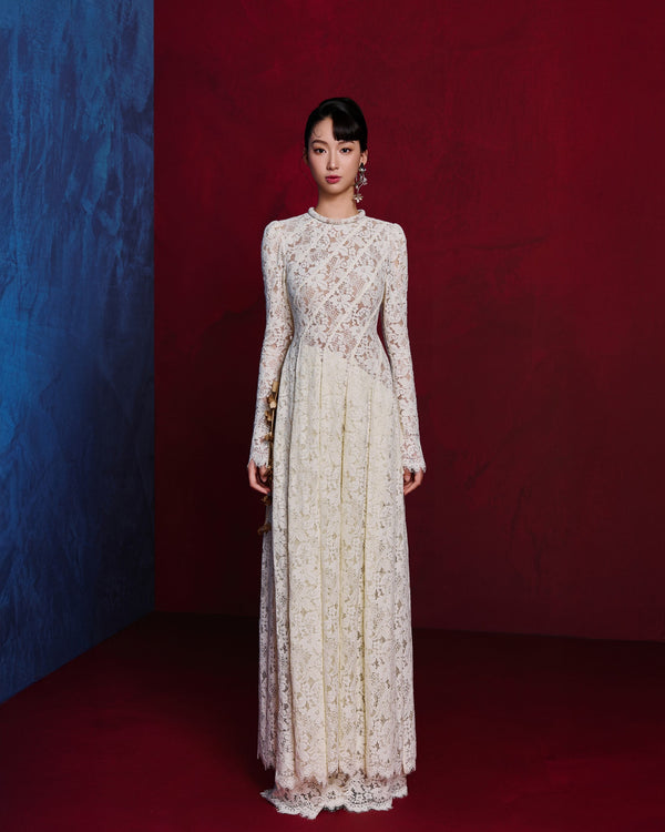 Vietnamese Ao Dai - Ivory Bloom Ao-dai Set - Lacy Áo Dài with Pleats - front view in lace in cream by Jennie Choo