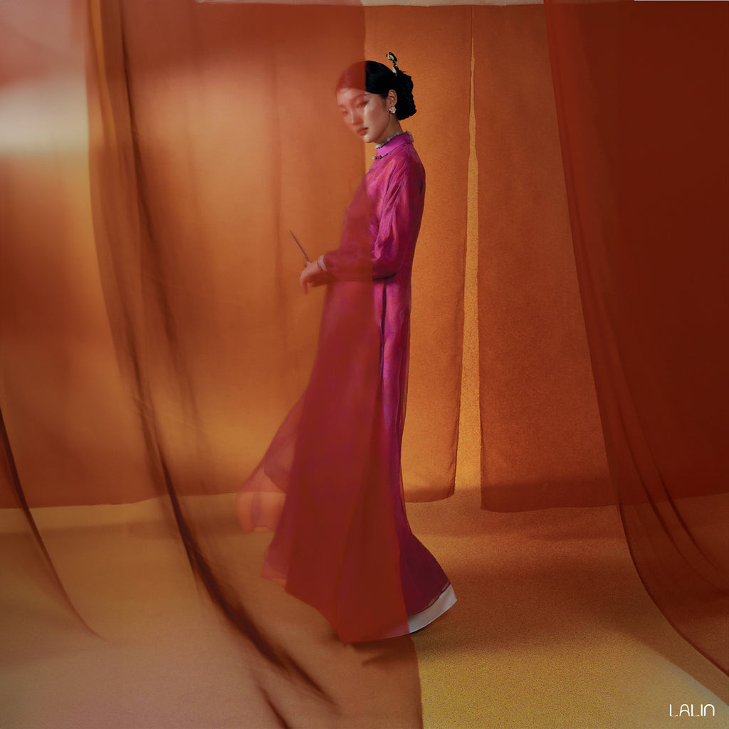 Vietnamese Ao Dai - Thu Khue Ao Dai Set – Doubled Layers in Lace and Wormsilk - side profile in pink by Lalin